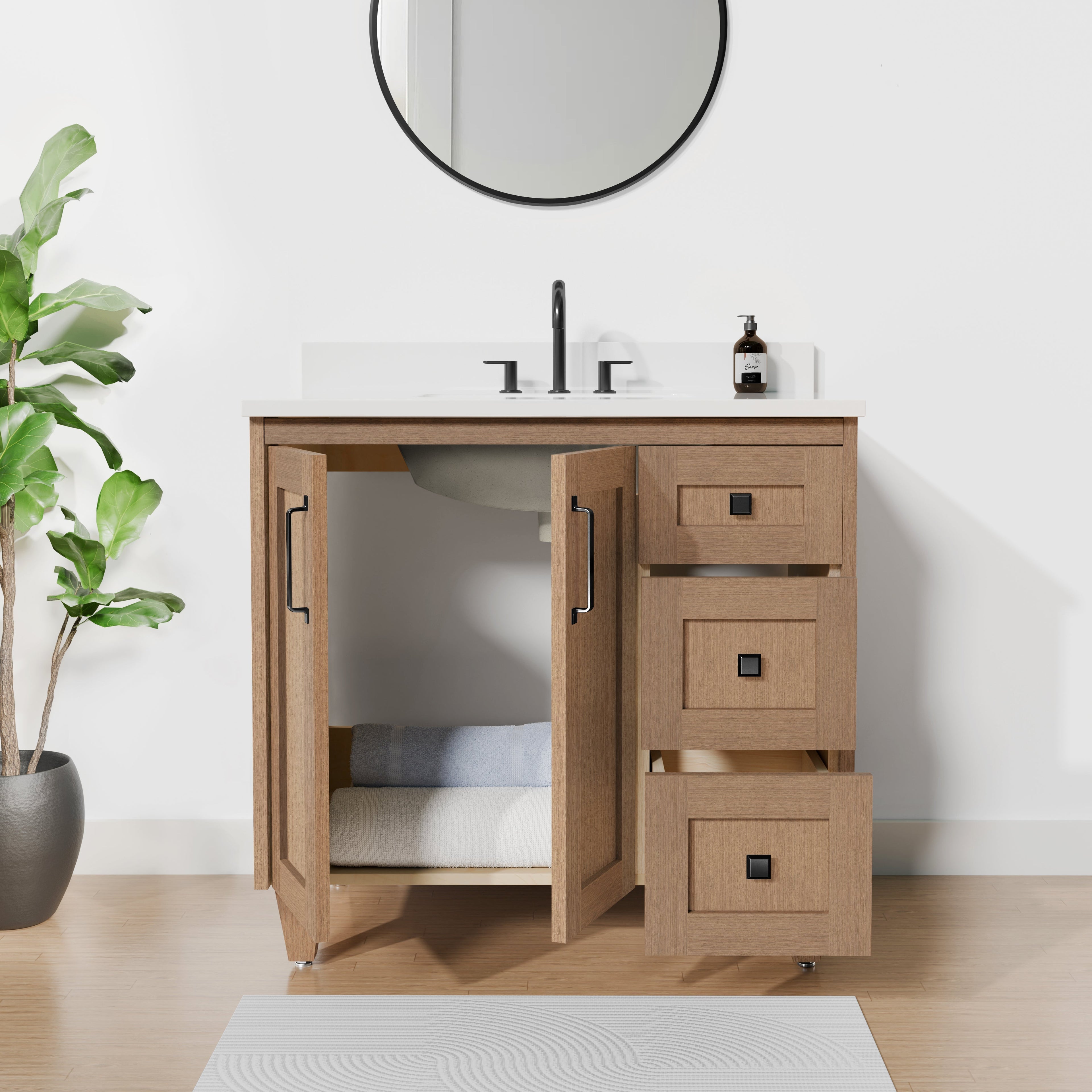 Arlo 36" Solid-Wood Vanity with Quartz Countertop - 2 Doors and 3 Drawers