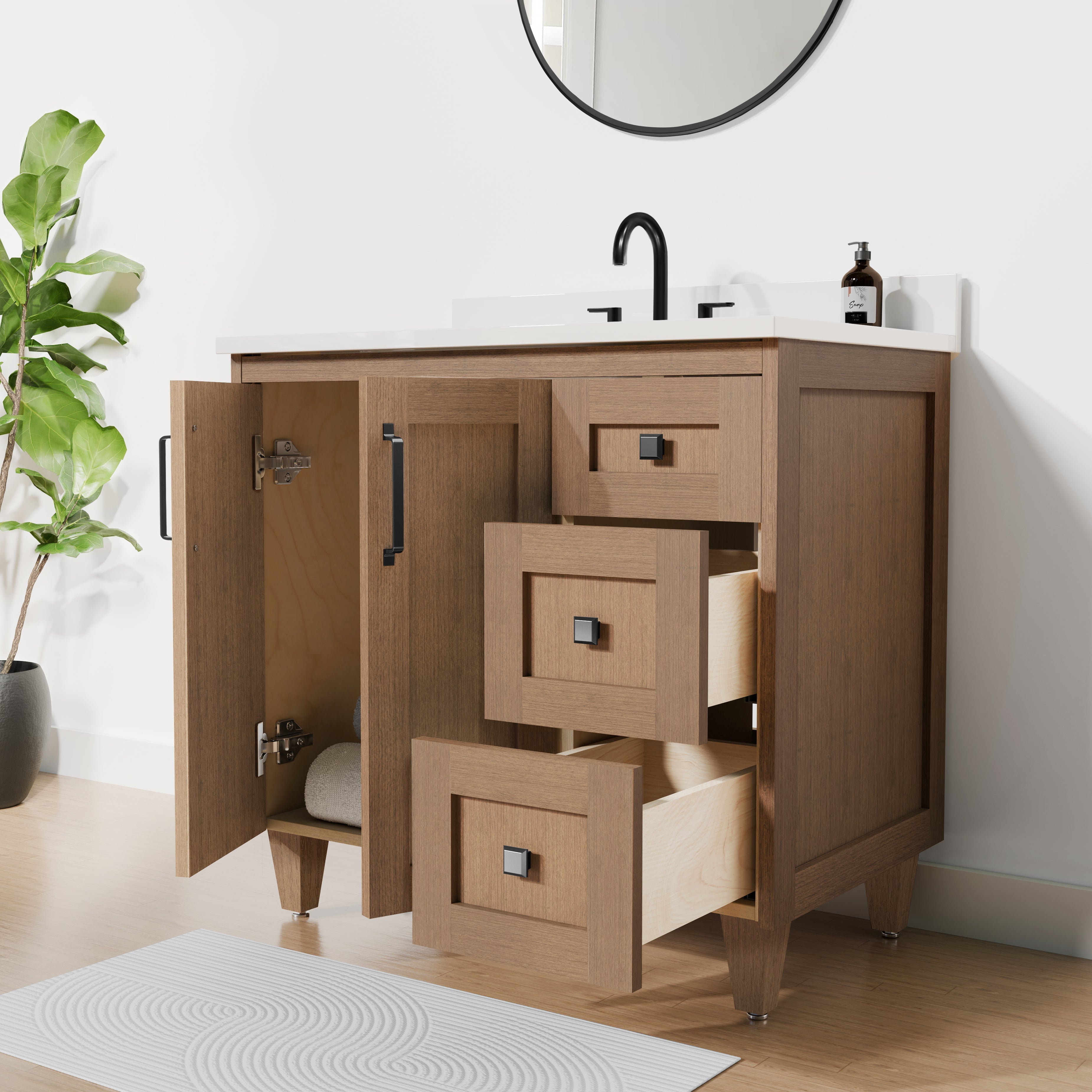 Arlo 36" Solid-Wood Vanity with Quartz Countertop - 2 Doors and 3 Drawers