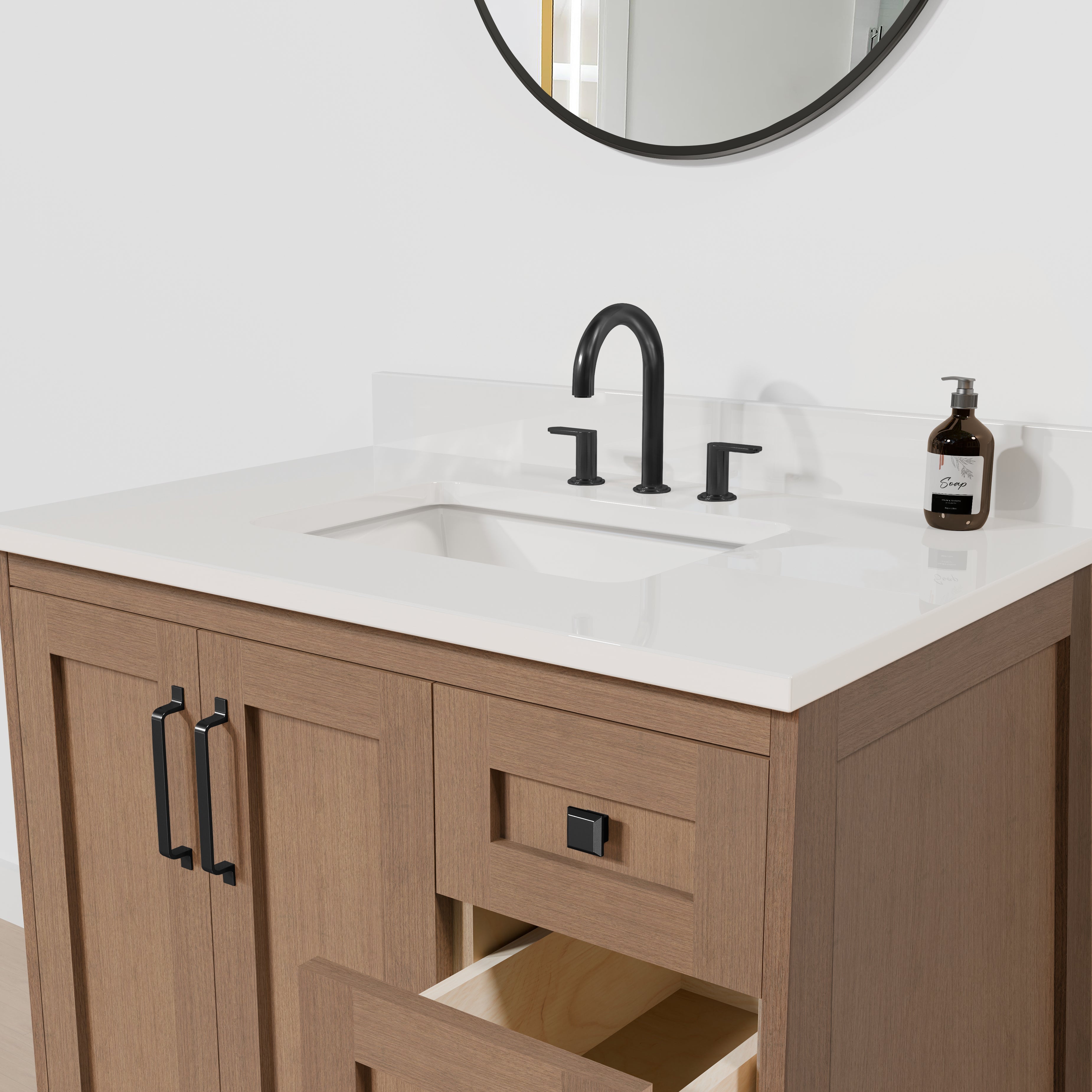 Arlo 36" Solid-Wood Vanity with Quartz Countertop - 2 Doors and 3 Drawers