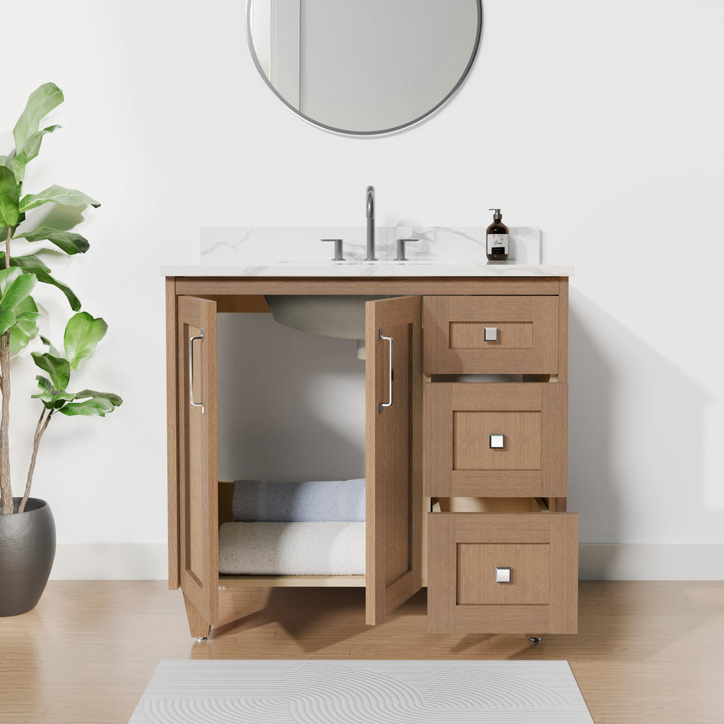 Arlo 36" Solid-Wood Vanity with Quartz Countertop - 2 Doors and 3 Drawers
