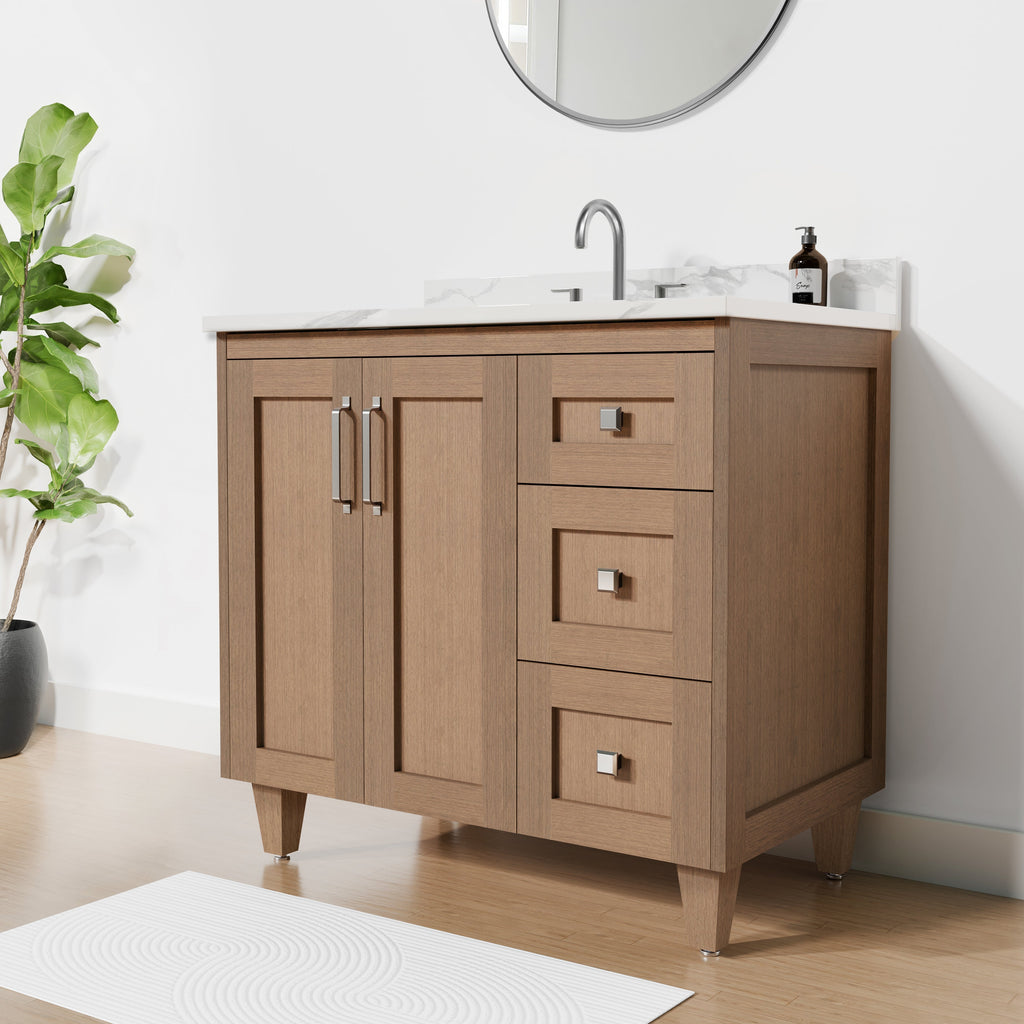 Arlo 36" Solid-Wood Vanity with Quartz Countertop - 2 Doors and 3 Drawers