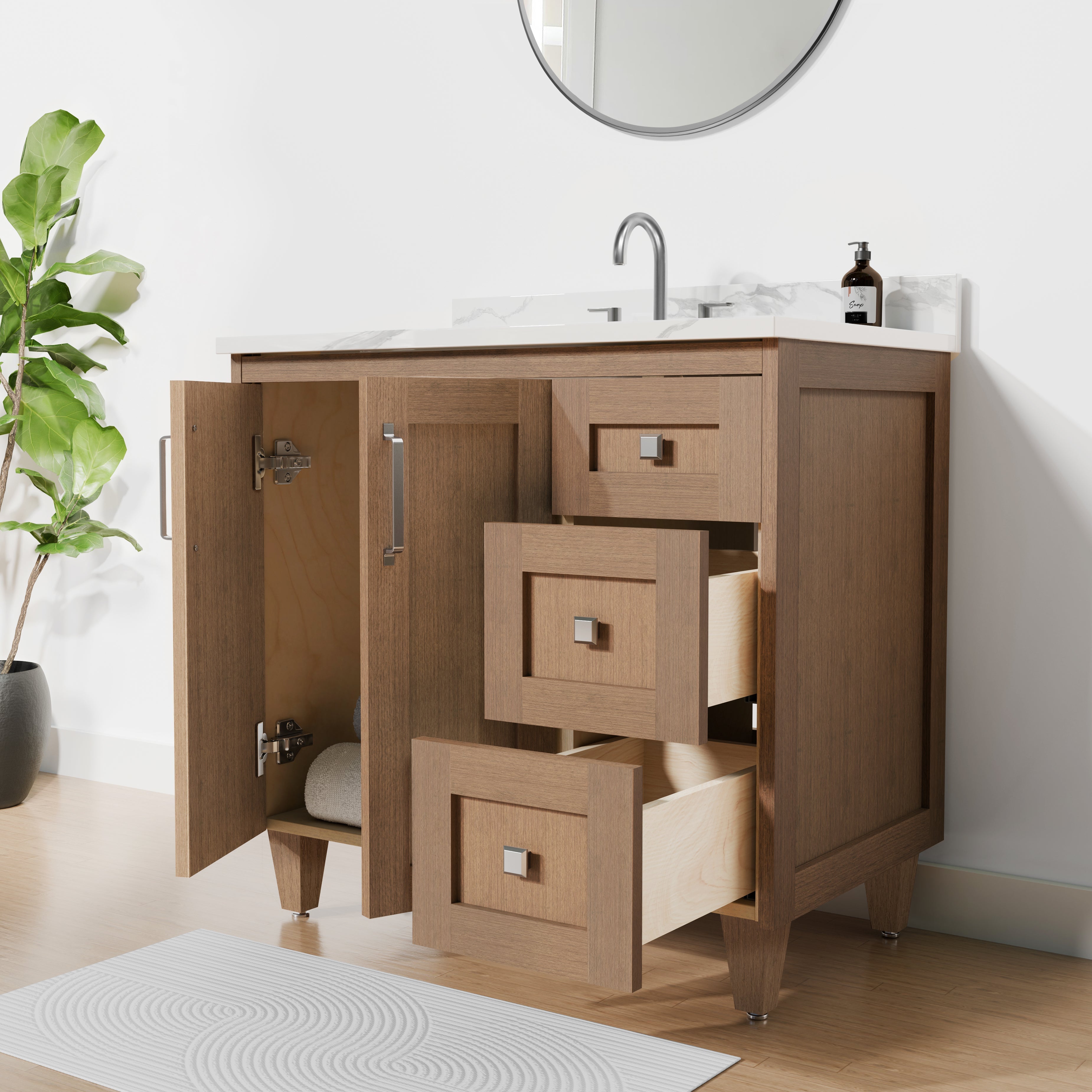 Arlo 36" Solid-Wood Vanity with Quartz Countertop - 2 Doors and 3 Drawers