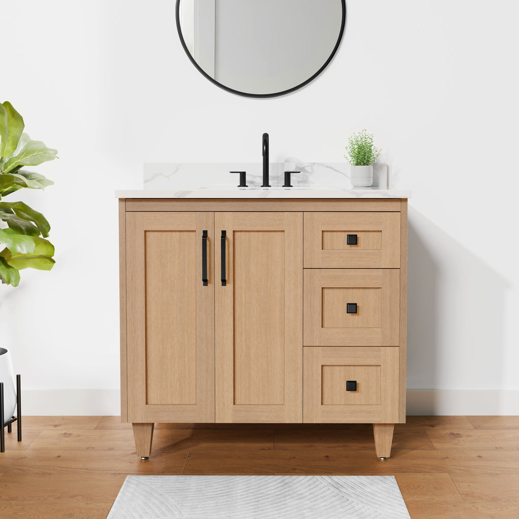 Arlo 36" Solid-Wood Vanity with Quartz Countertop - 2 Doors and 3 Drawers