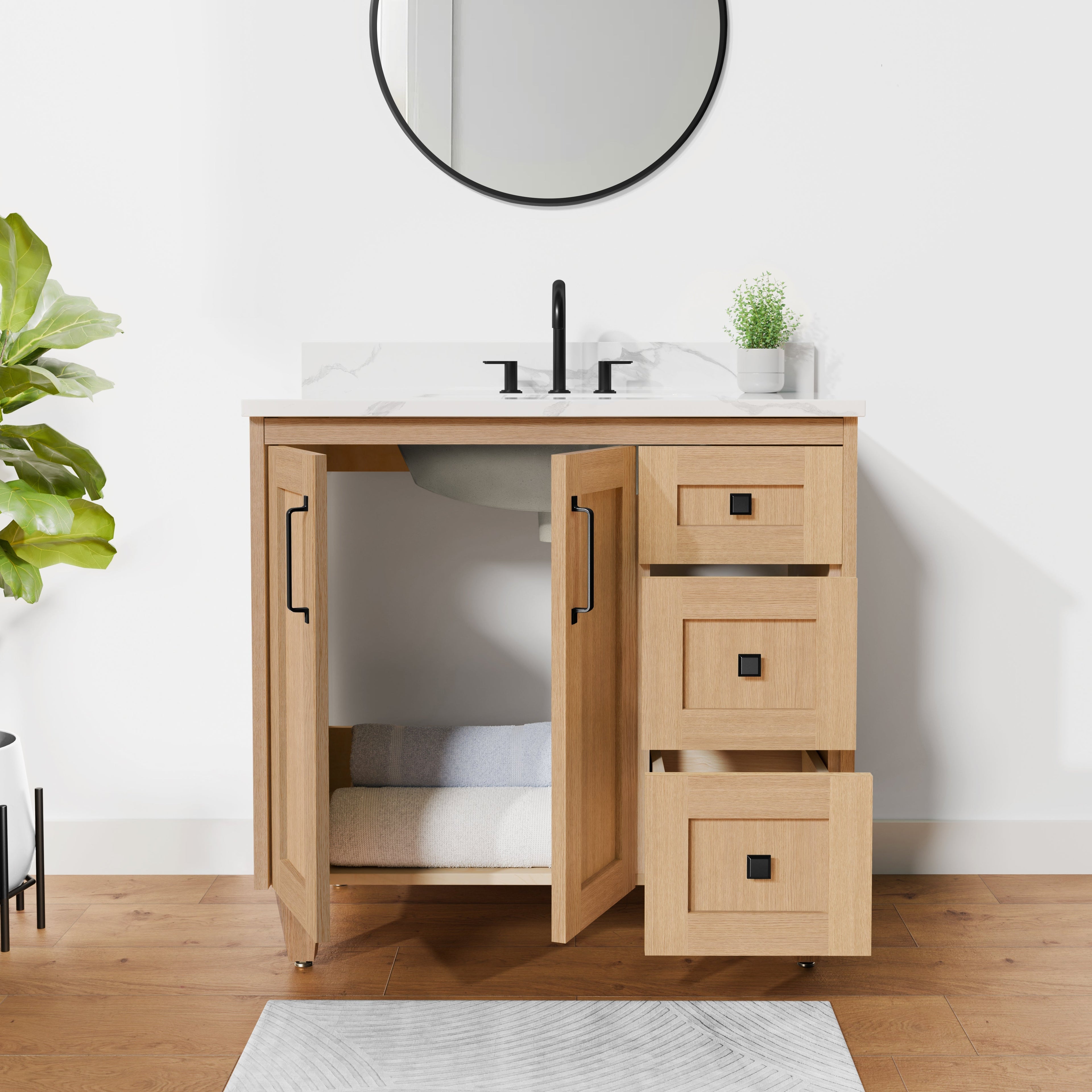 Arlo 36" Solid-Wood Vanity with Quartz Countertop - 2 Doors and 3 Drawers