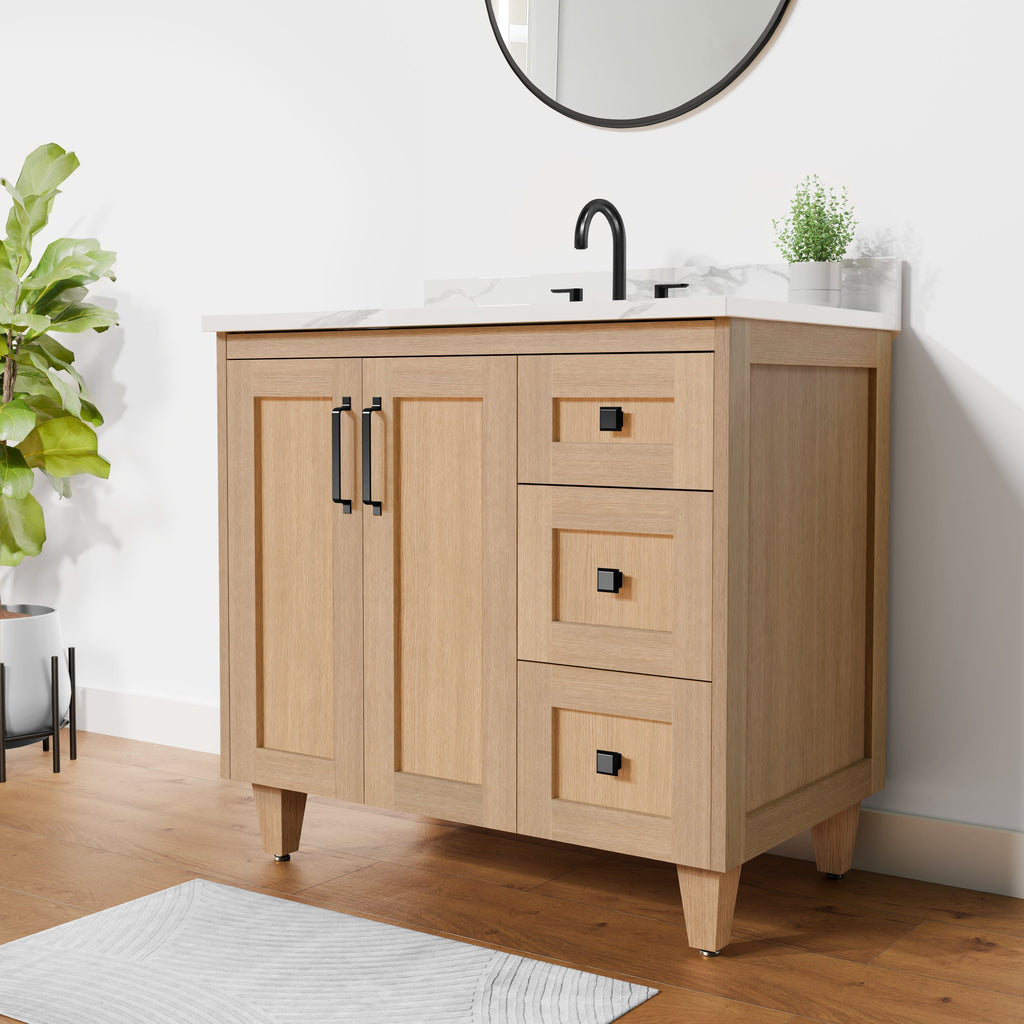 Arlo 36" Solid-Wood Vanity with Quartz Countertop - 2 Doors and 3 Drawers