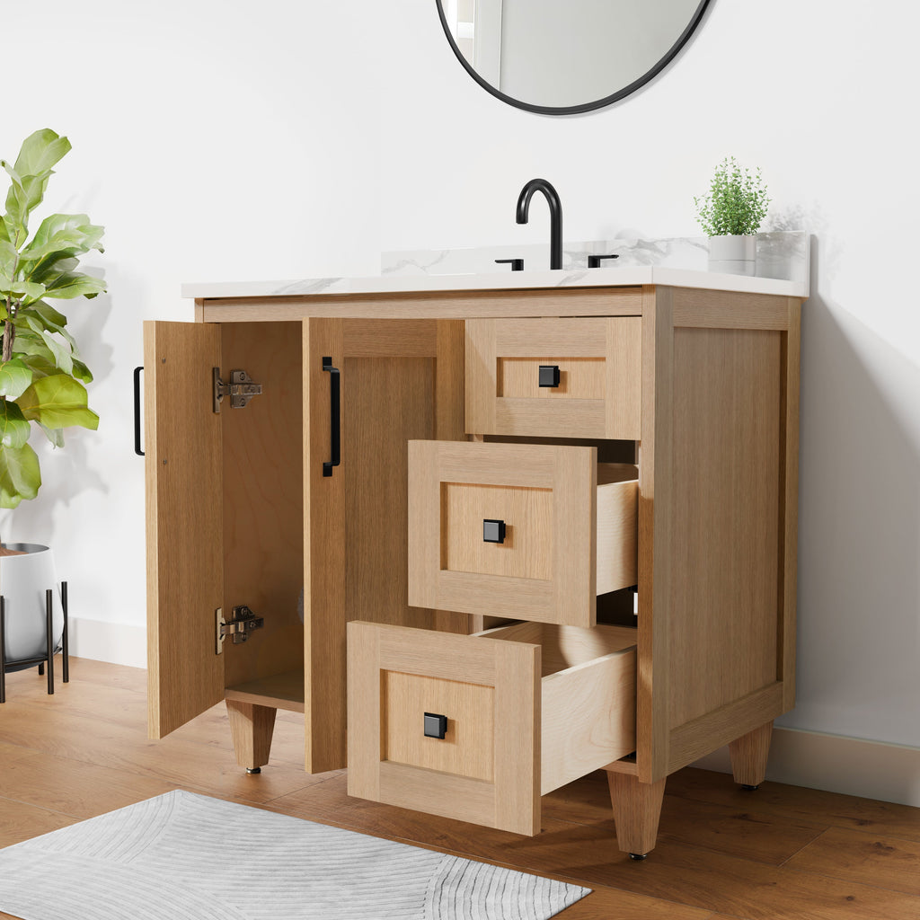 Arlo 36" Solid-Wood Vanity with Quartz Countertop - 2 Doors and 3 Drawers