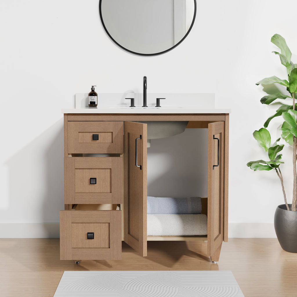 Arlo 36" Solid-Wood Vanity with Quartz Countertop - 2 Doors and 3 Drawers