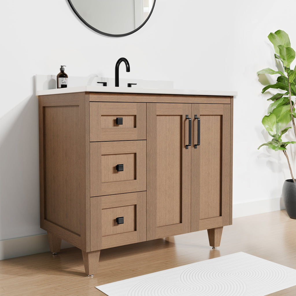 Arlo 36" Solid-Wood Vanity with Quartz Countertop - 2 Doors and 3 Drawers