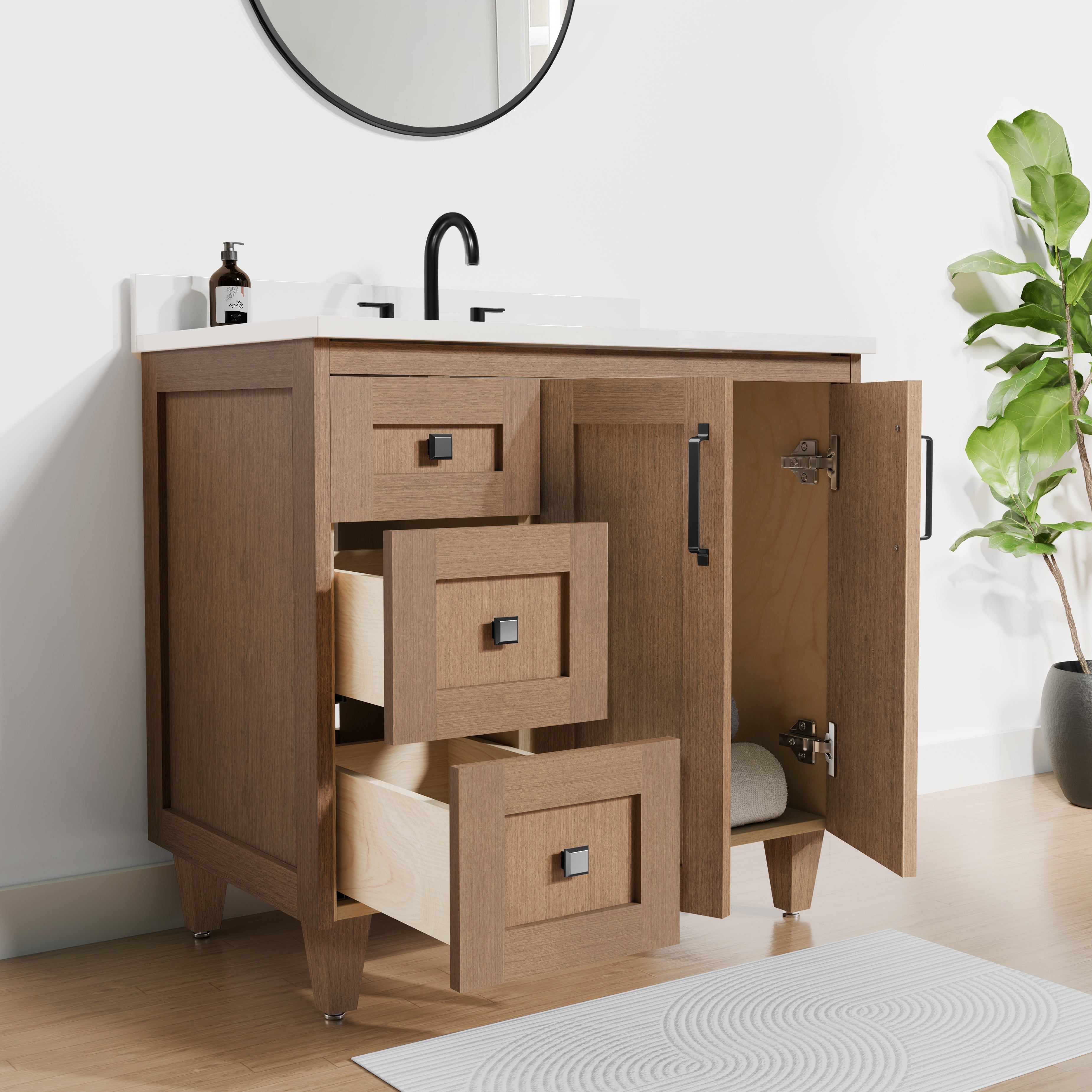 Arlo 36" Solid-Wood Vanity with Quartz Countertop - 2 Doors and 3 Drawers