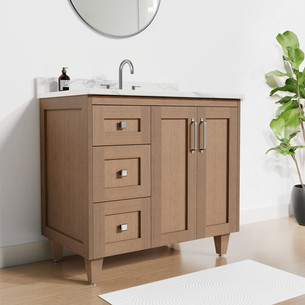 Arlo 36" Solid-Wood Vanity with Quartz Countertop - 2 Doors and 3 Drawers