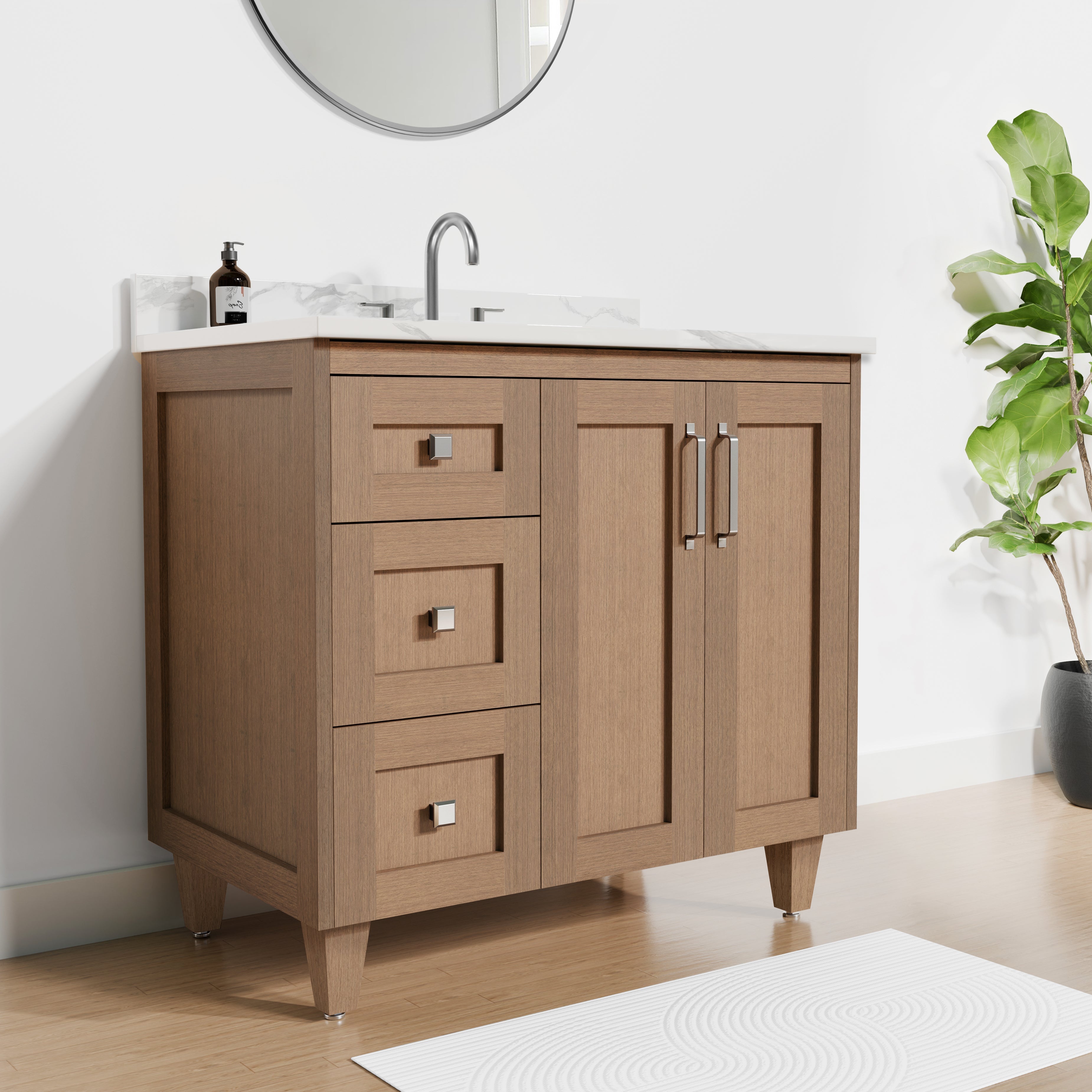 Arlo 36" Solid-Wood Vanity with Quartz Countertop - 2 Doors and 3 Drawers