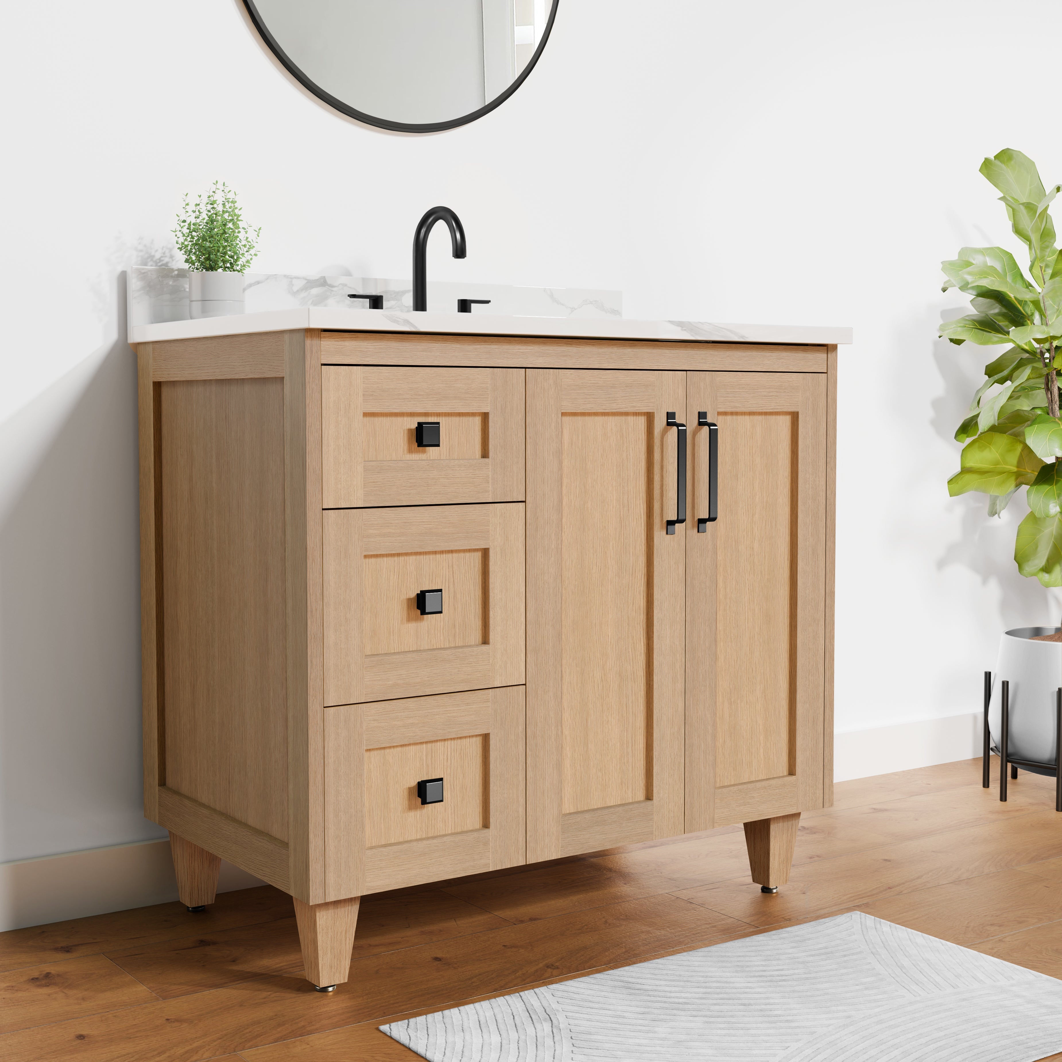 Arlo 36" Solid-Wood Vanity with Quartz Countertop - 2 Doors and 3 Drawers