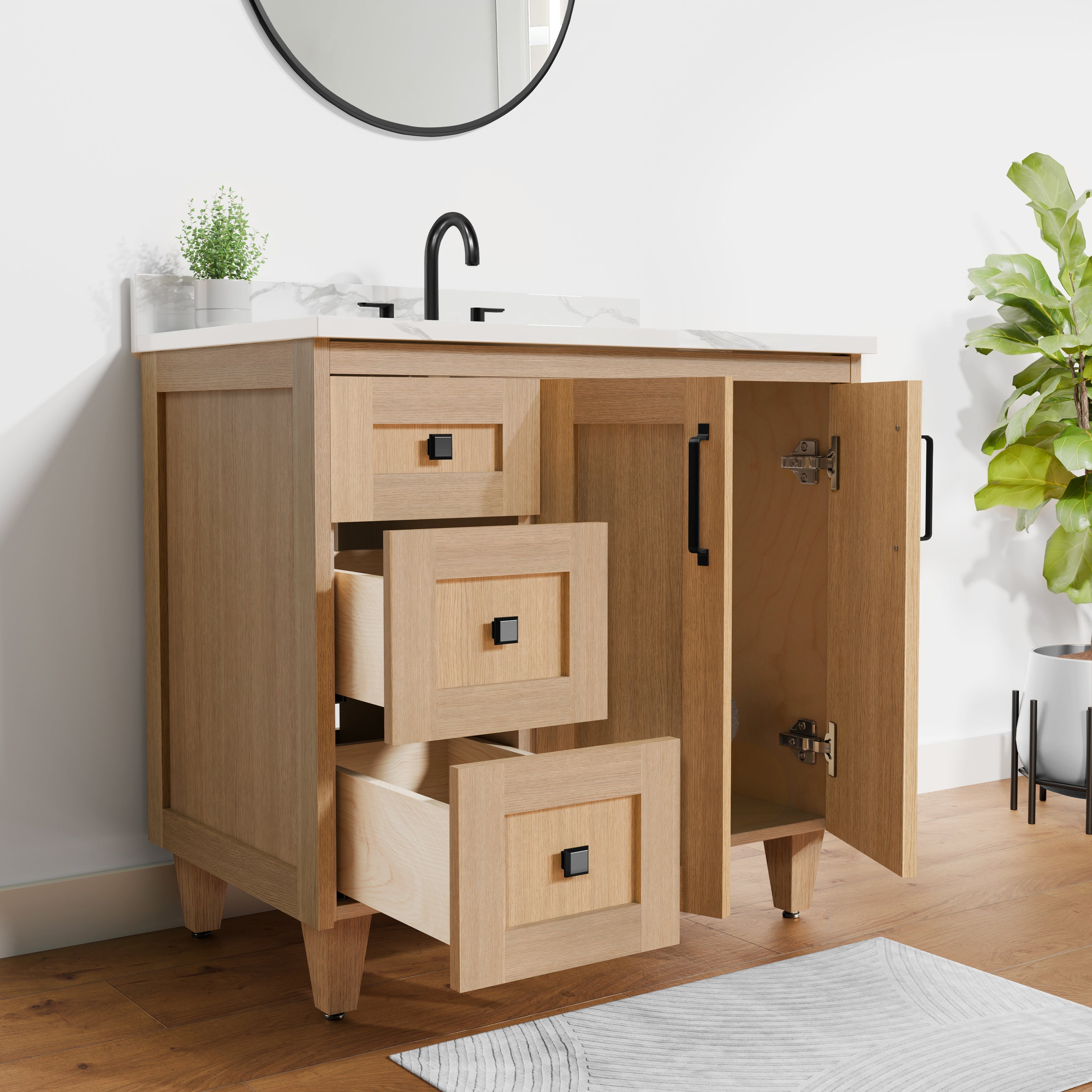 Arlo 36" Solid-Wood Vanity with Quartz Countertop - 2 Doors and 3 Drawers