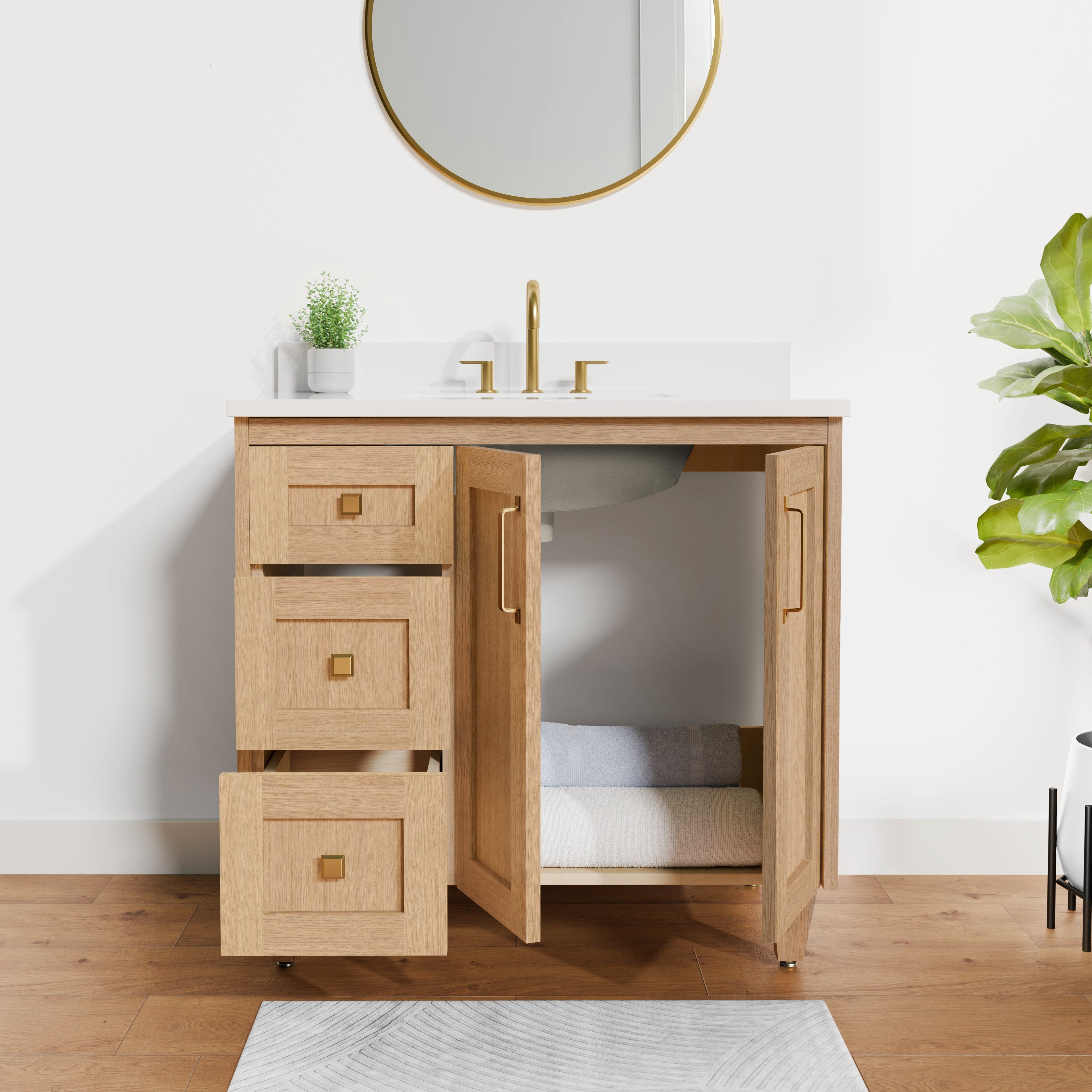 Arlo 36" Solid-Wood Vanity with Quartz Countertop - 2 Doors and 3 Drawers