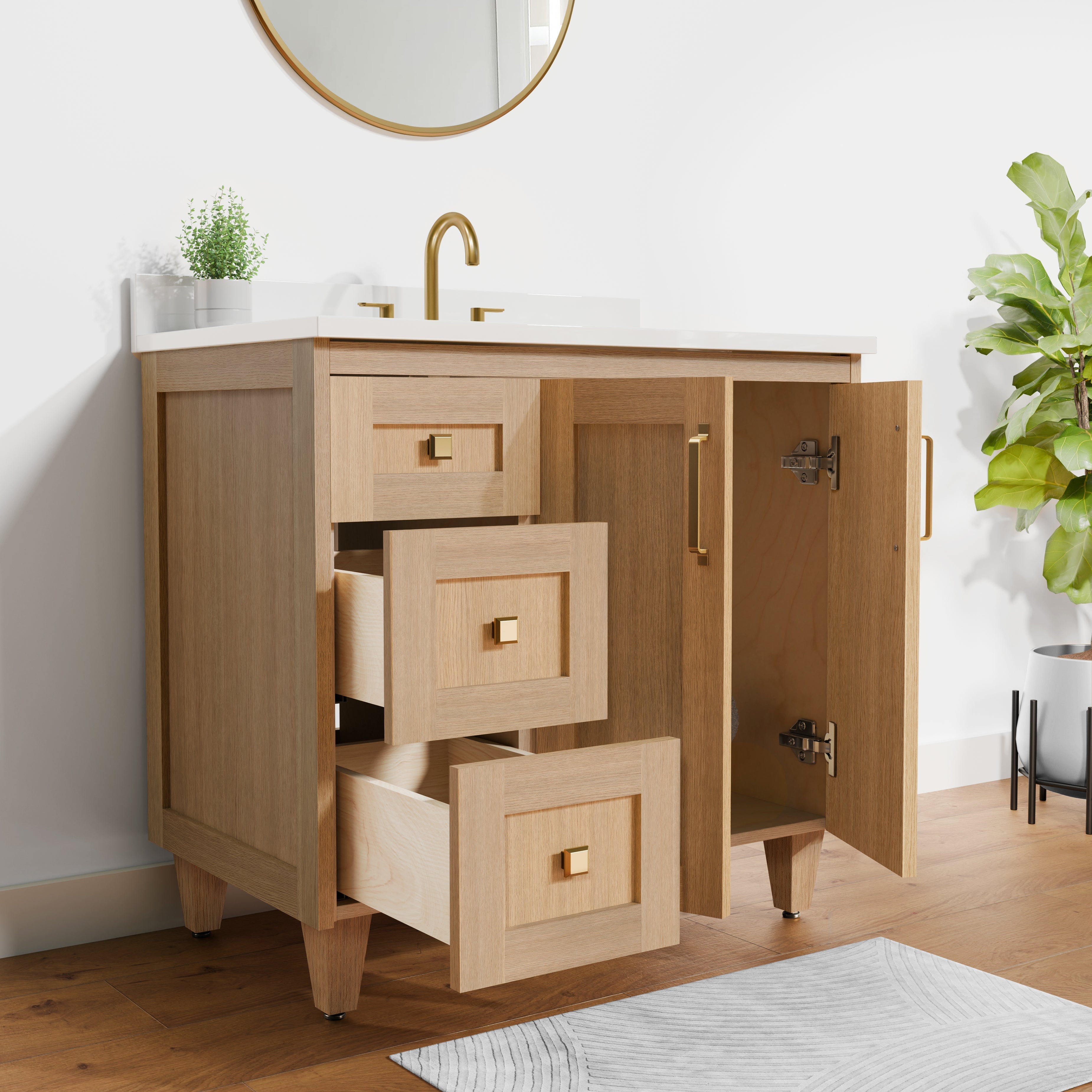 Arlo 36" Solid-Wood Vanity with Quartz Countertop - 2 Doors and 3 Drawers