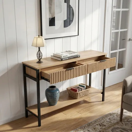 Miami 2 Drawer Console Table – Oak Effect & Black Hallway Console Table with Storage