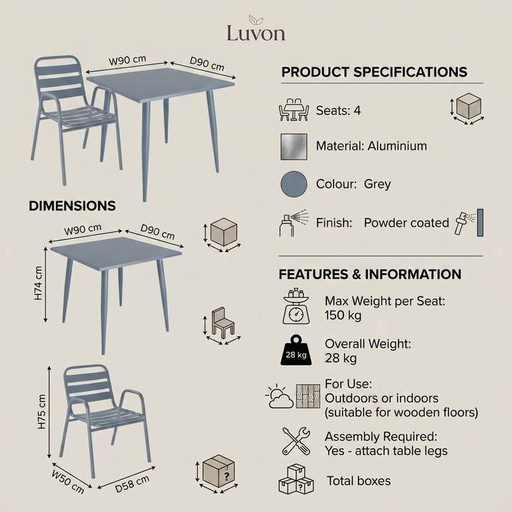 Modern 4 Seater Grey Aluminium Square Garden Dining Set – Contemporary Outdoor Patio Furniture
