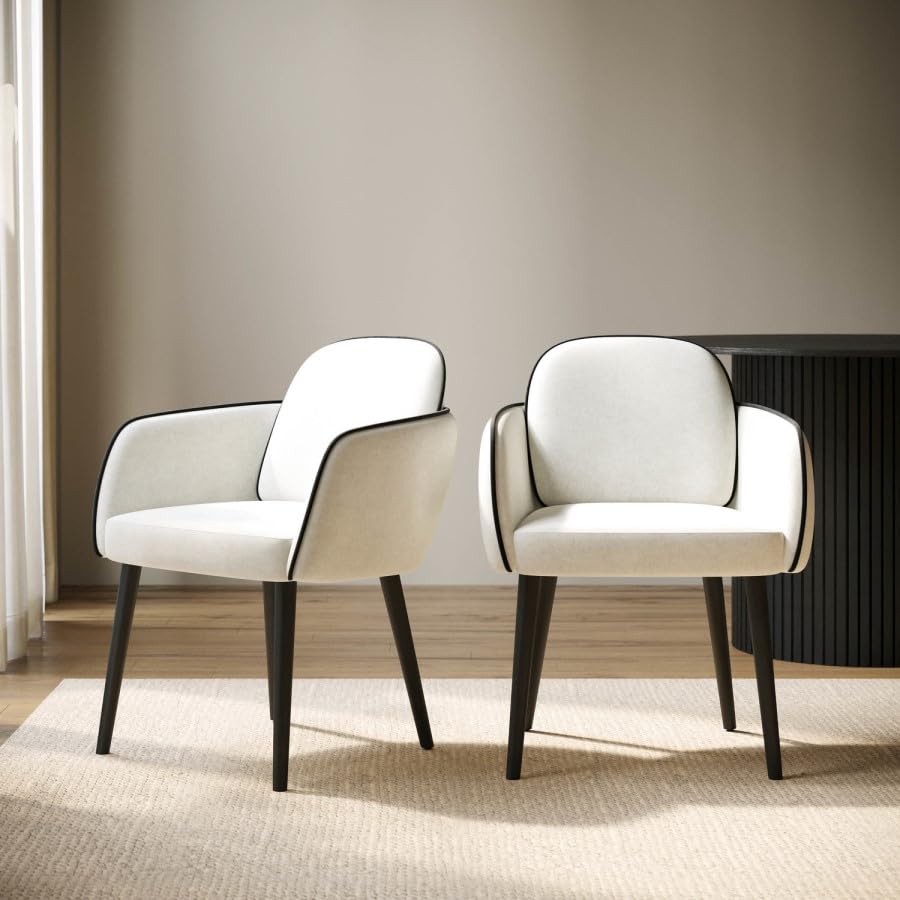 Beige Boucle Dining Chair Set of 2 – Armrest Dining Chairs – Upholstered Accent Chair – Modern Wooden Leg Dining Room Chairs
