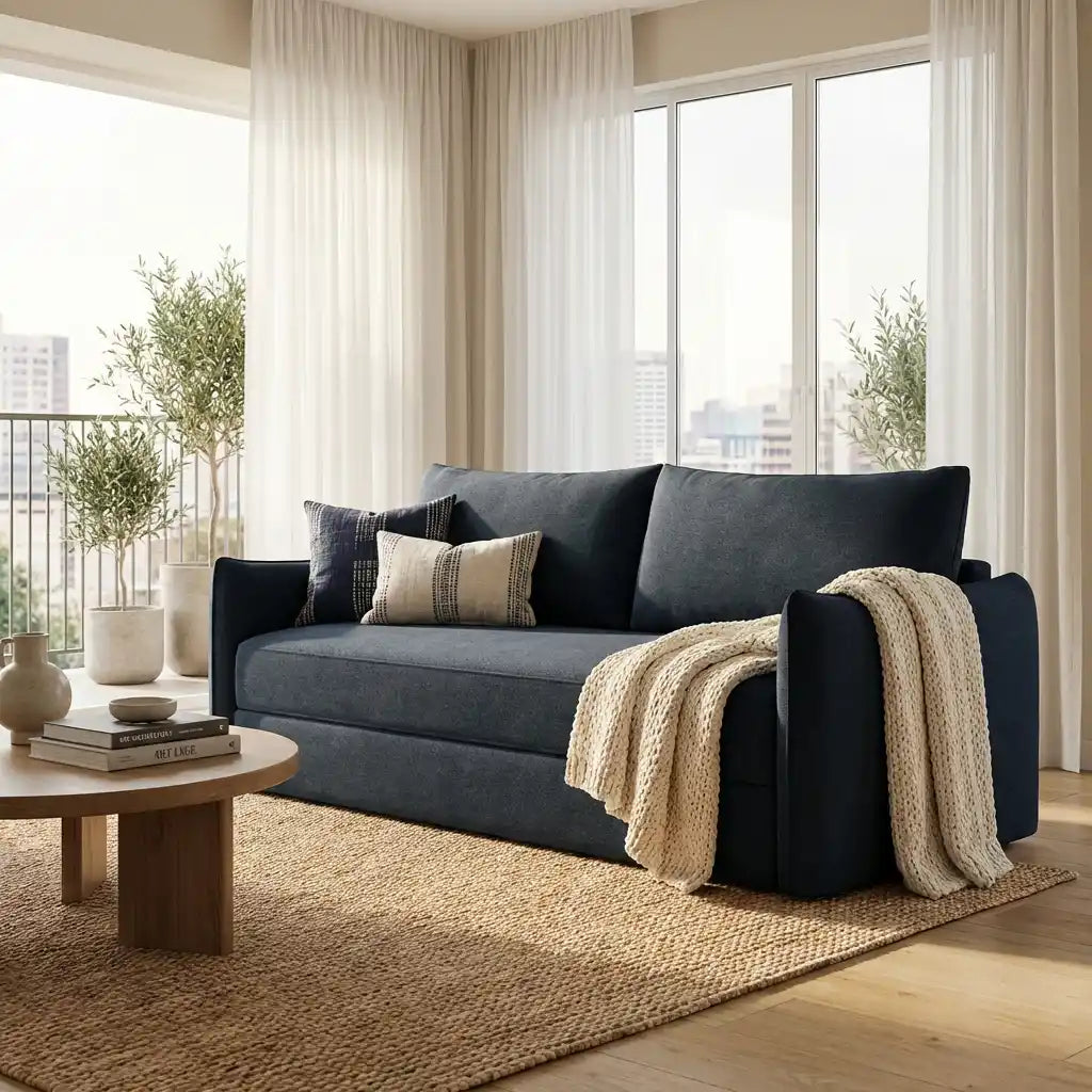 Navy Blue Chenille 3-Seater Sofa Bed with Pull-Out Design