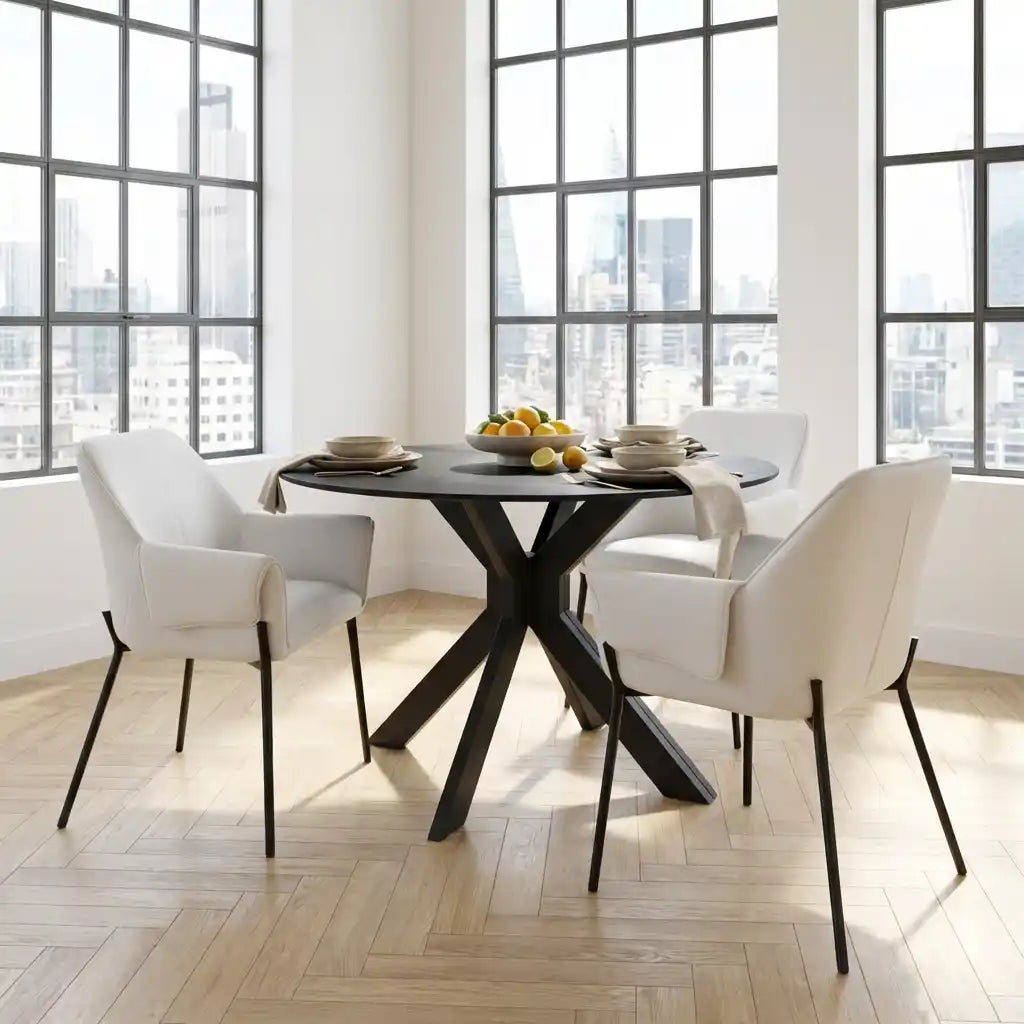 Round Black Oak Drop-Leaf Dining Table Set with 2 Cream Upholstered Chairs – Space-Saving Extendable Folding Table & Fabric Chairs for Kitchen or Dining Room