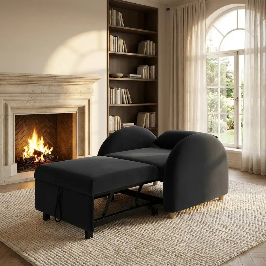 Boucle Sofa Bed Chair Single Pull Out Recliner in Beige or Charcoal Grey Compact Guest Chair with Foam Cushions No Assembly Fold Out Sleeper for Small Spaces Flats or Bedrooms