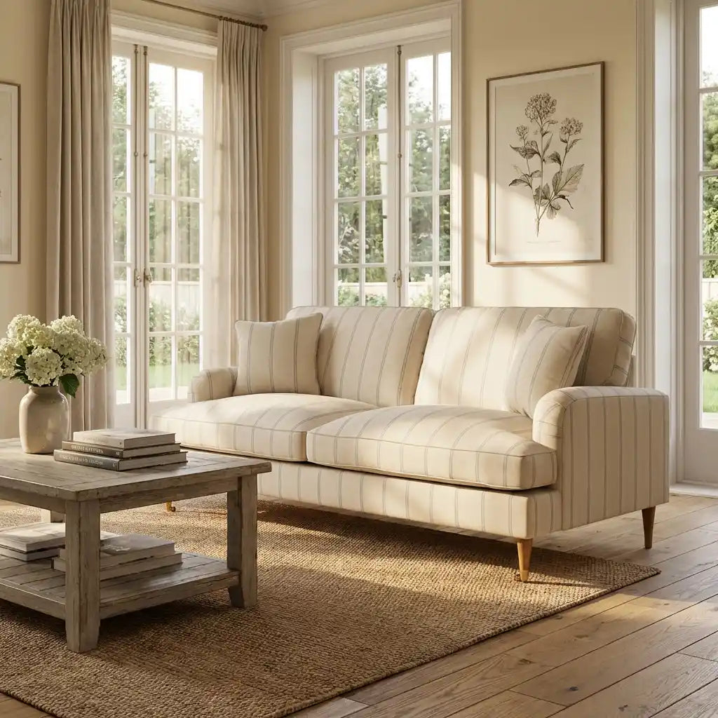 Cream Chenille 3 Seater Sofa with Blue Striped Cushions – Modern Living Room Sofa