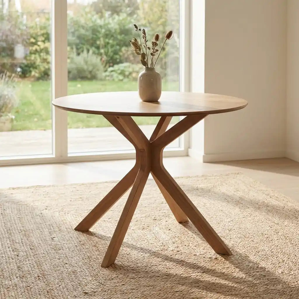 Round Oak Drop Leaf Dining Table Set with 2 Cream Upholstered Chairs – Space-Saving 2 Seater Dining Set