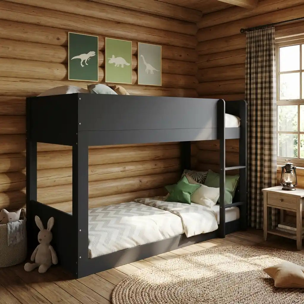 Low Wooden Bunk Bed for Kids in White Oak or Dark Grey Mattress Option Available Reversible Ladder and Guard Rails Standard Single Size (Dark Grey)