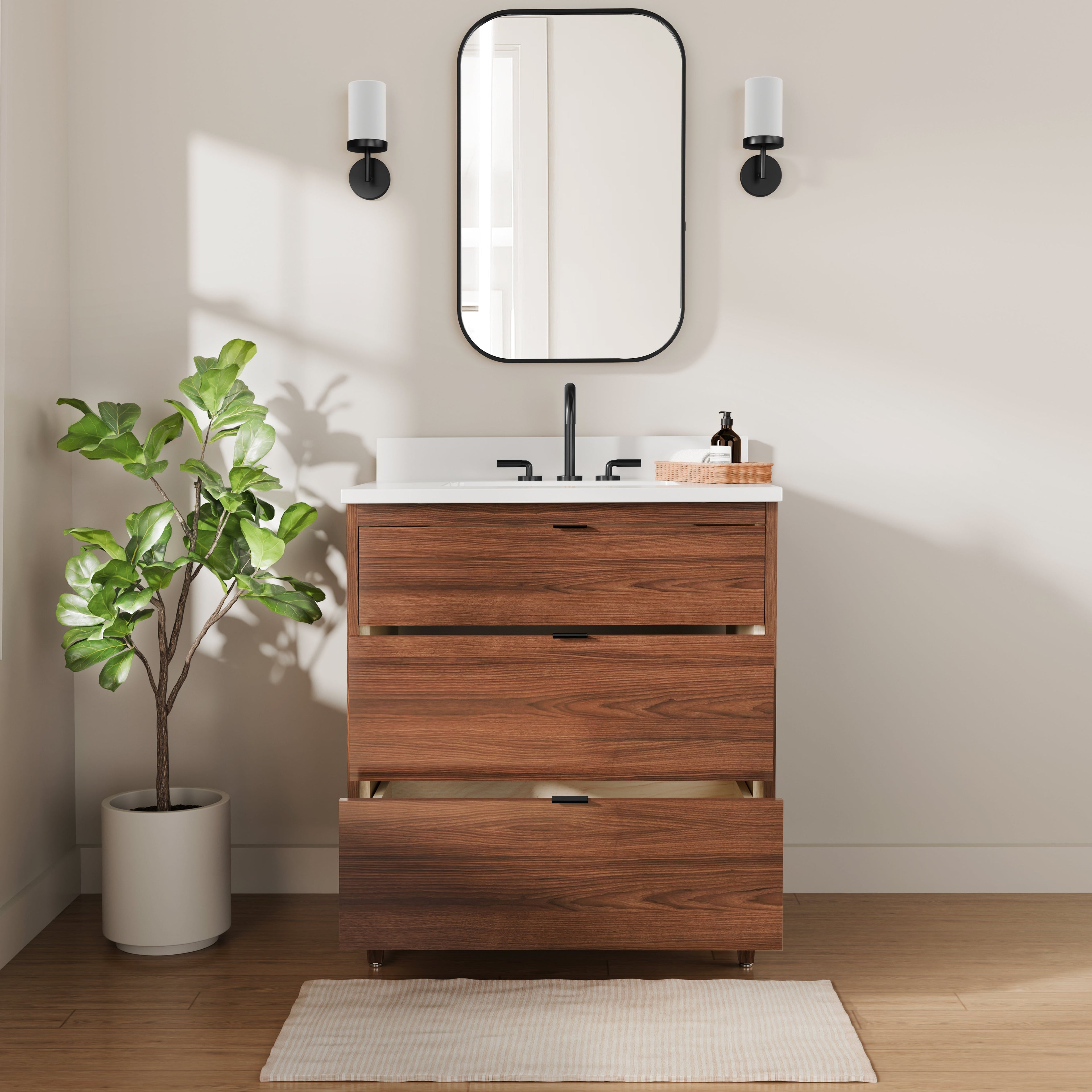 Rowan 30" Black Walnut Vanity with Quartz Countertop - 3 Drawers