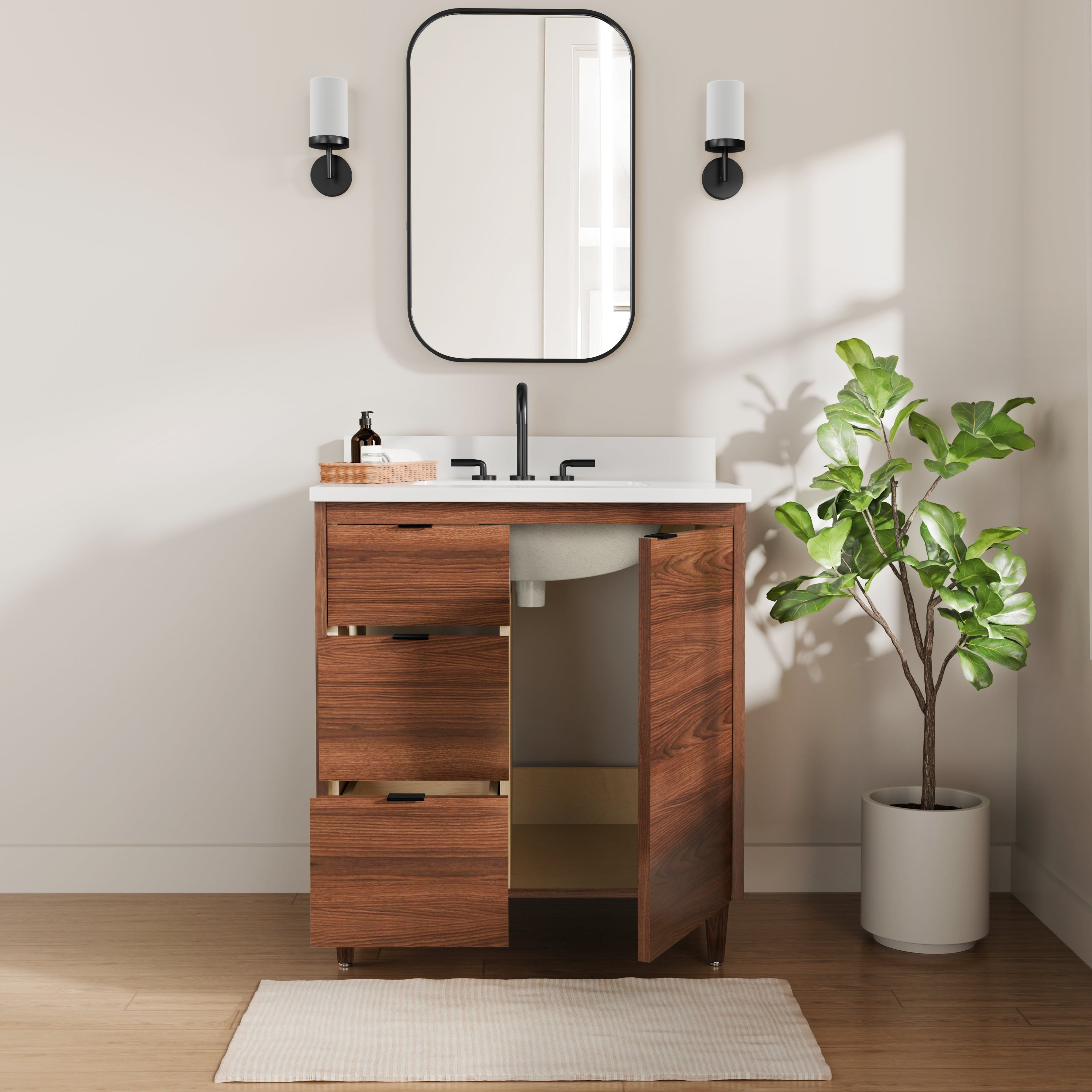 Rowan 30" Black Walnut Vanity with Quartz Countertop - 1 Door and 3 Drawers