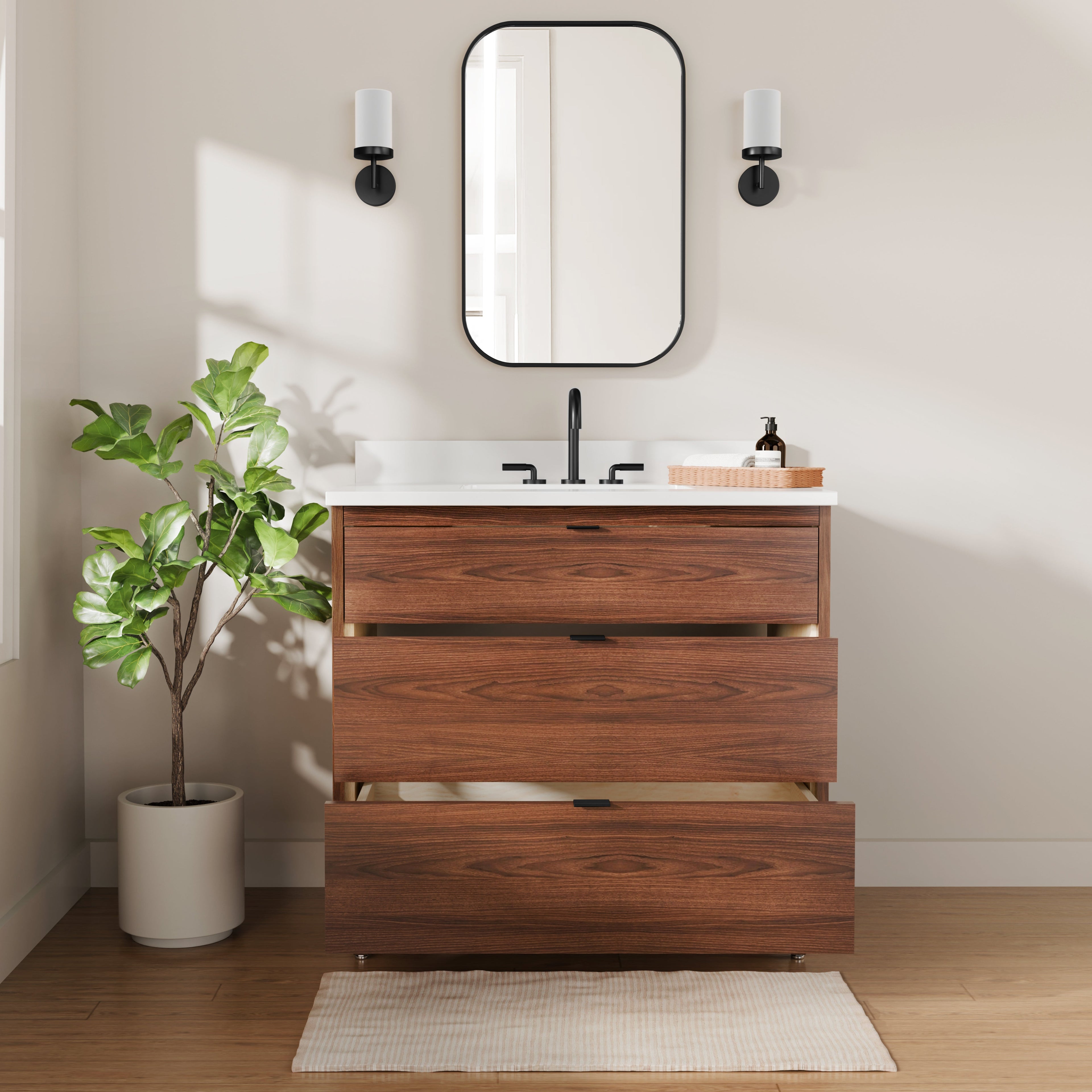 Rowan 36"  Black Walnut Vanity with Quartz Countertop - 3 Drawers