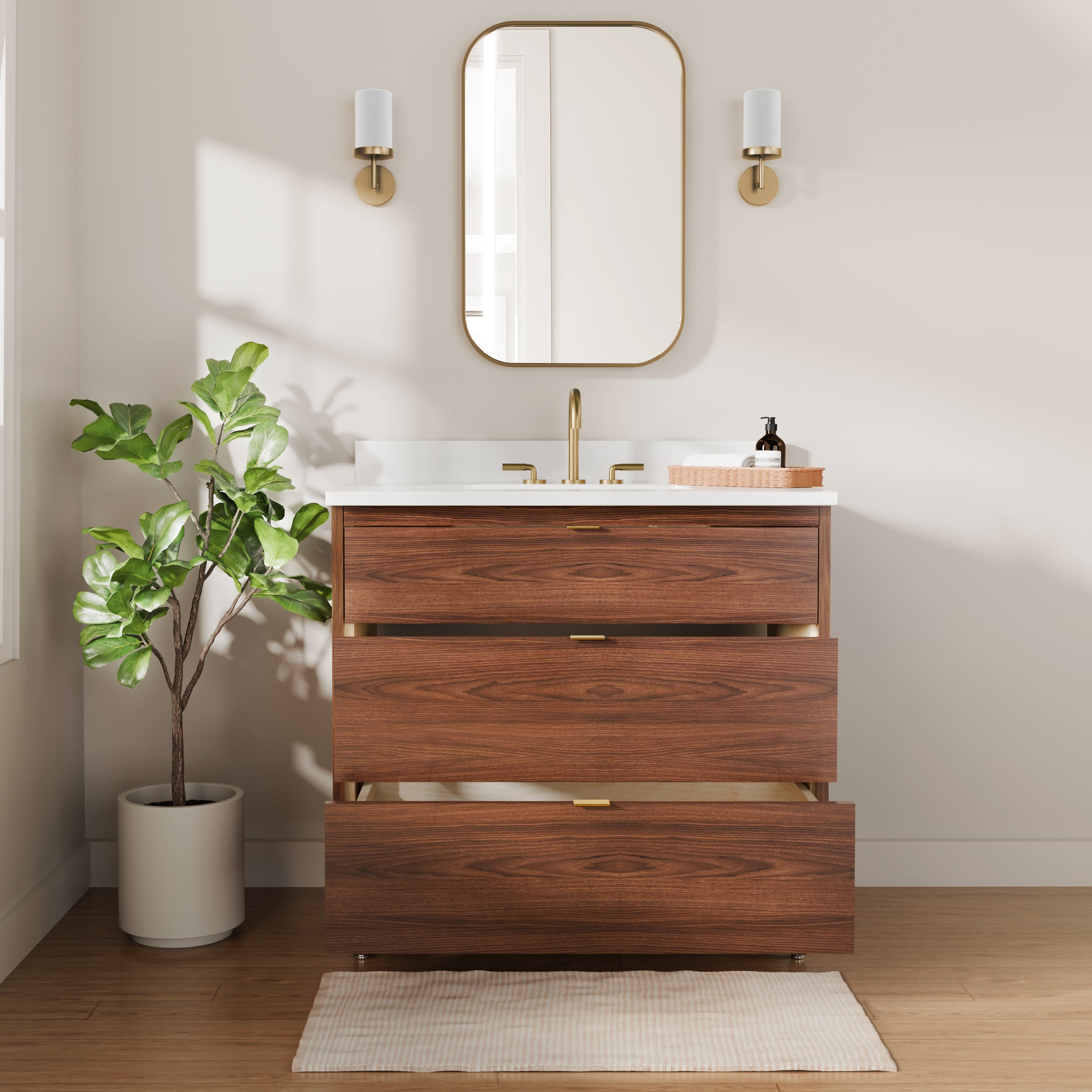 Rowan 36"  Black Walnut Vanity with Quartz Countertop - 3 Drawers