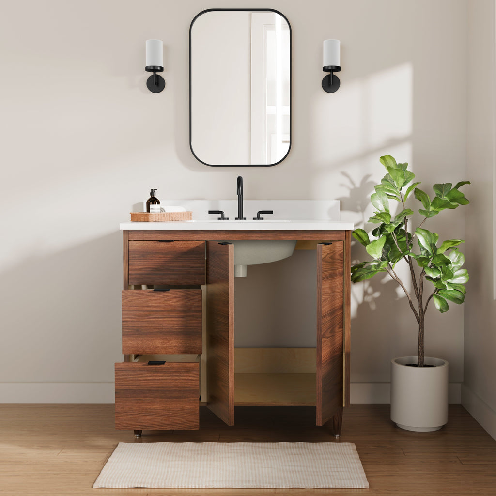 Rowan 36" Black Walnut Vanity with Quartz Countertop - 2 Doors and 3 Drawers