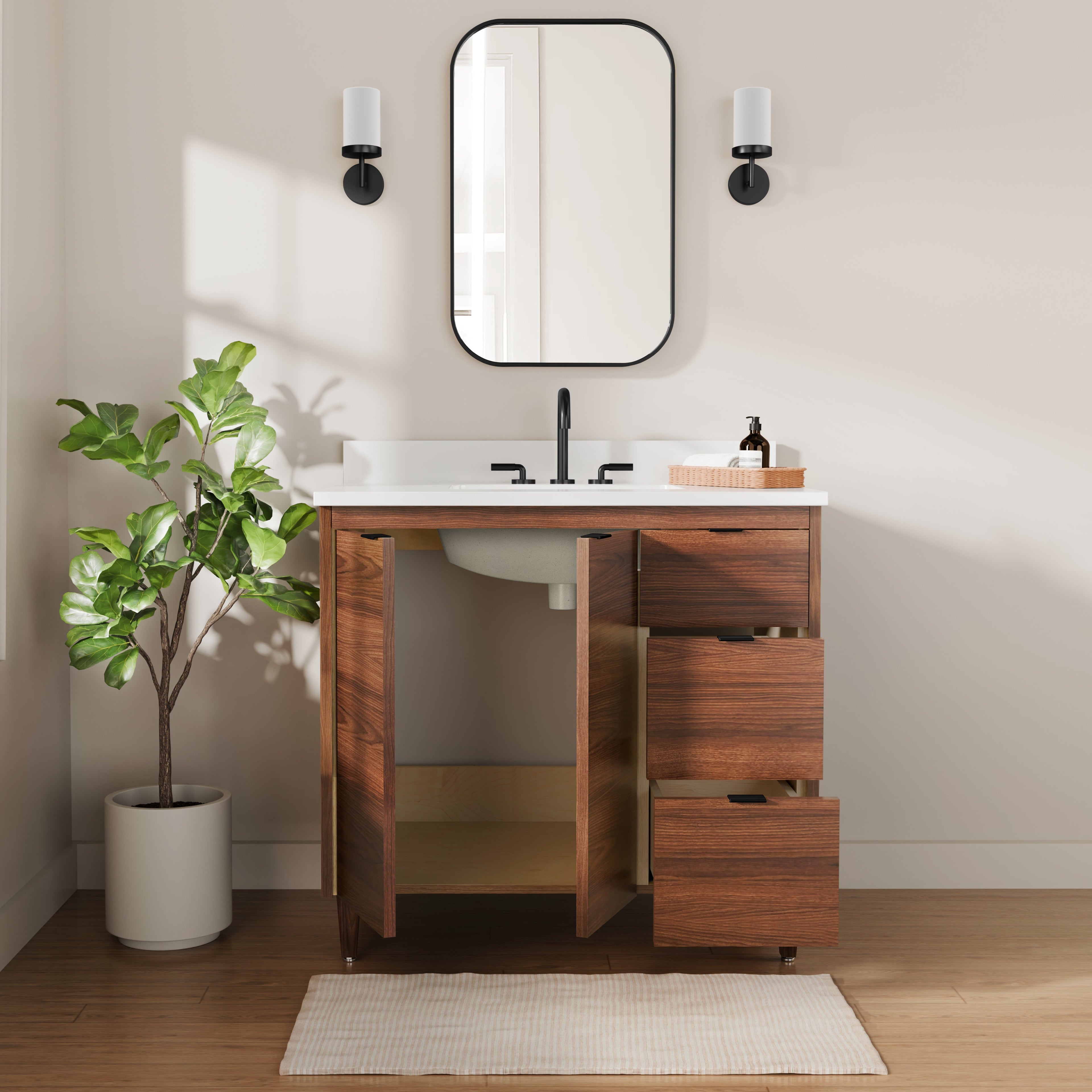 Rowan 36" Black Walnut Vanity with Quartz Countertop - 2 Doors and 3 Drawers