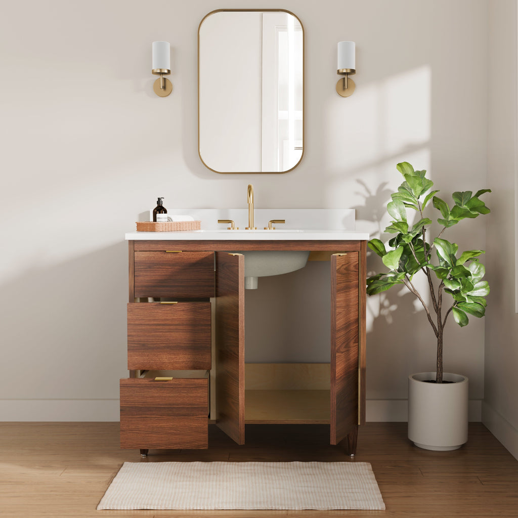 Rowan 36" Black Walnut Vanity with Quartz Countertop - 2 Doors and 3 Drawers