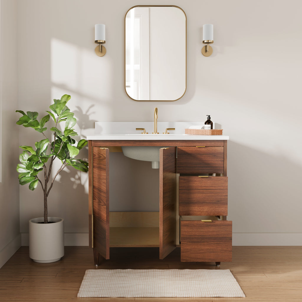 Rowan 36" Black Walnut Vanity with Quartz Countertop - 2 Doors and 3 Drawers