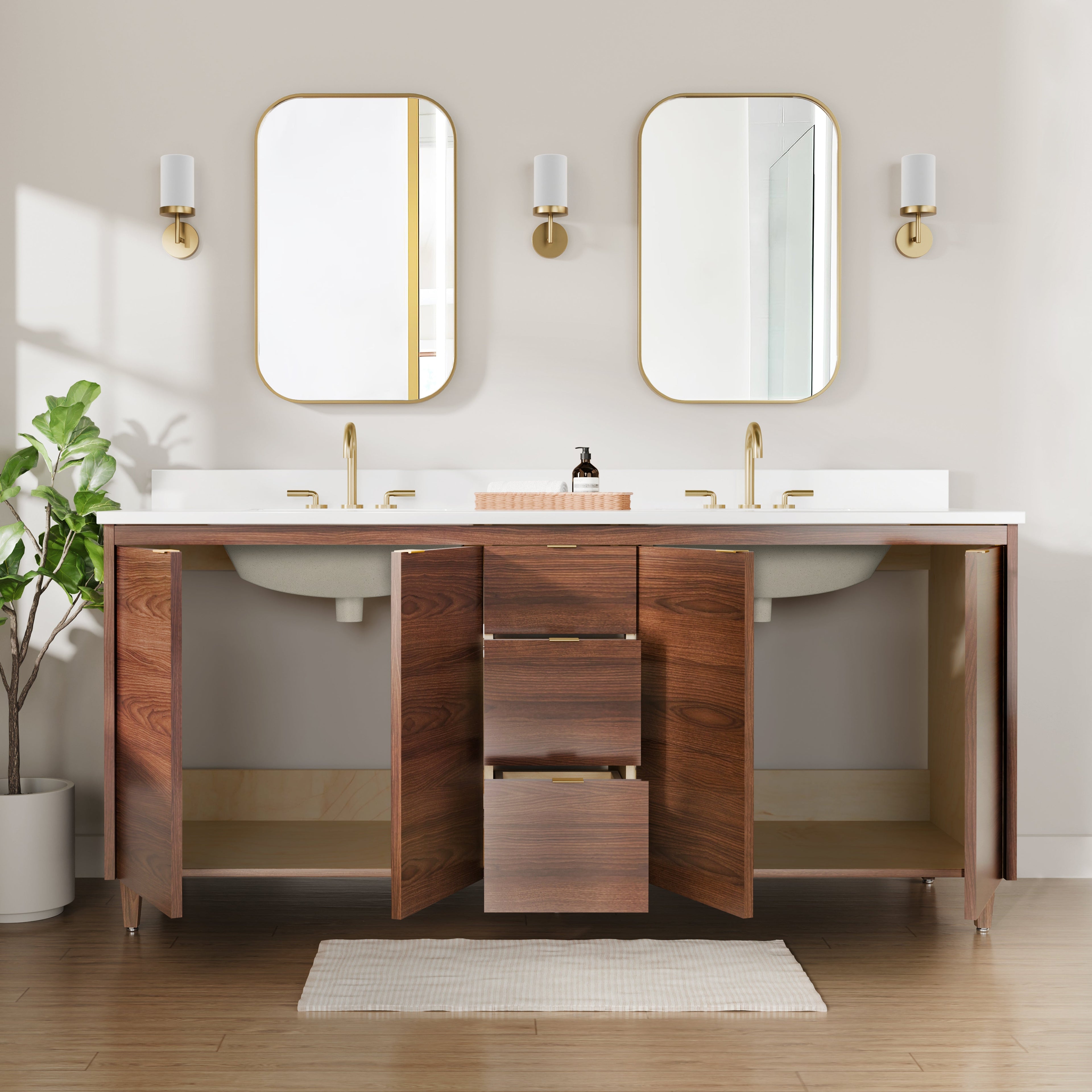 Rowan 72" Double Sink Black Walnut Vanity with Quartz Countertop