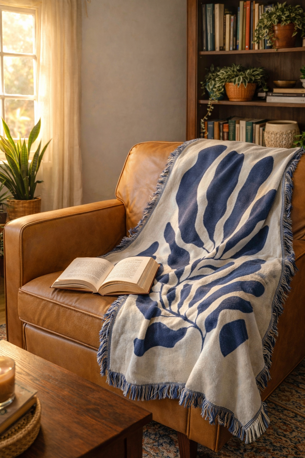 Blue Leaf Embroidered Throw Blanket