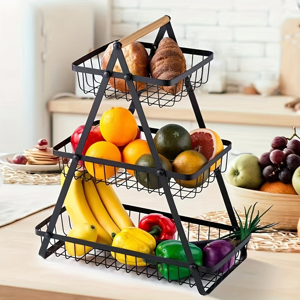 [2/3 Tier Metal Basket] 2/3 Tier High-Capacity Metal Fruit Basket | Portable Countertop Organizer for Fruits, Vegetables, Bread & Snacks | Detachable Rectangle Design for Kitchen Storage