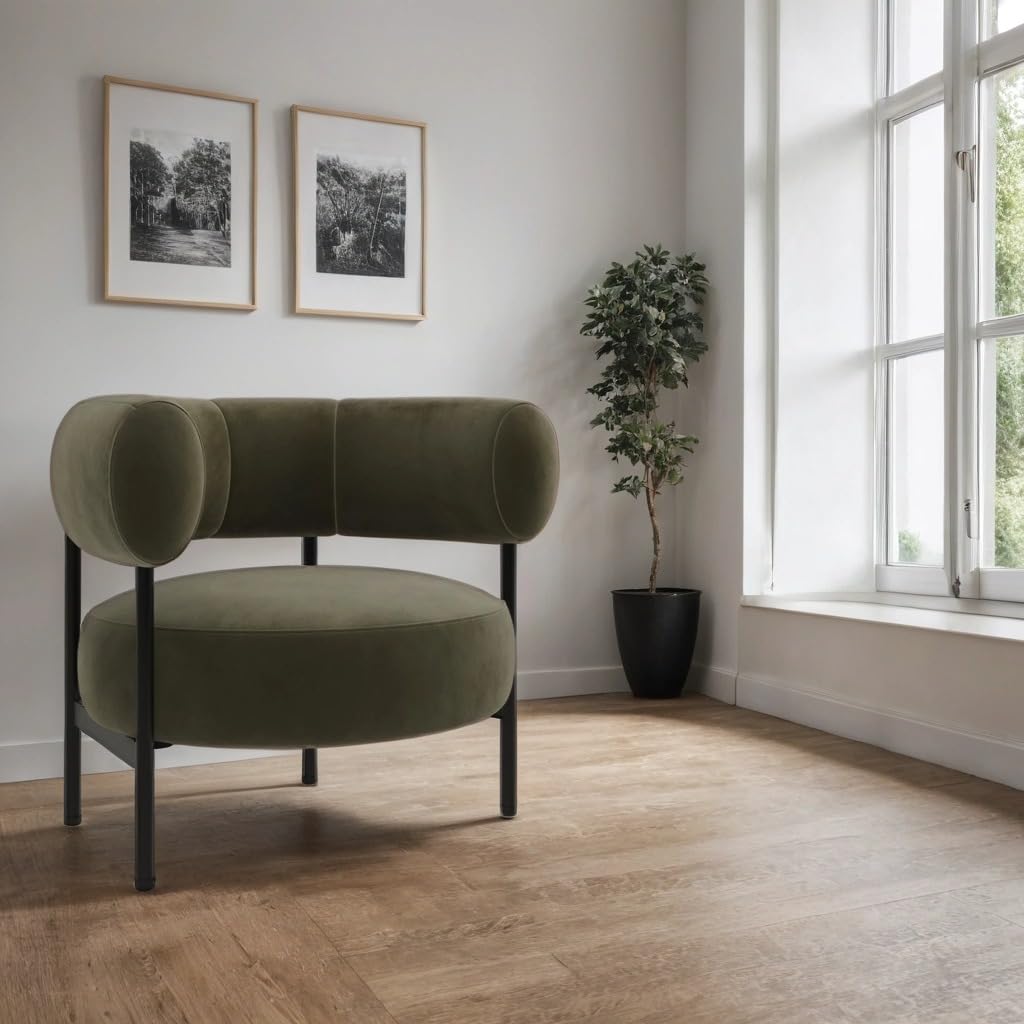 Romy Velvet Curved Armchair with Metal Legs – Recycled Velvet Lounge Accent Chair – Modern Upholstered Tub Chair – Living Room Seating