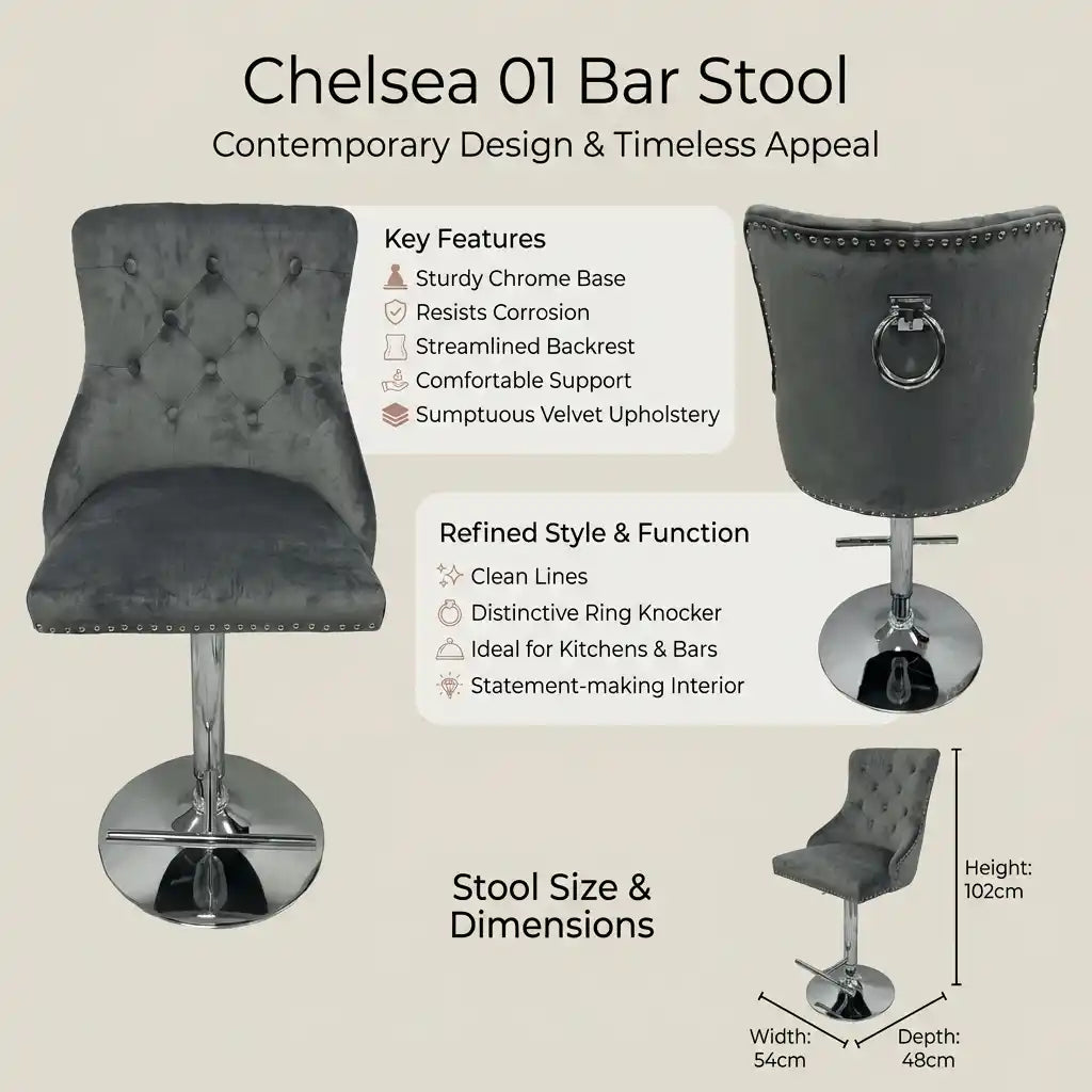 Chelsea Dark Grey Velvet Bar Stool with Chrome Base – Kitchen Breakfast Bar Stool with Lion Head or Ring Knocker Back Pair of 2 (Ring Knocker)