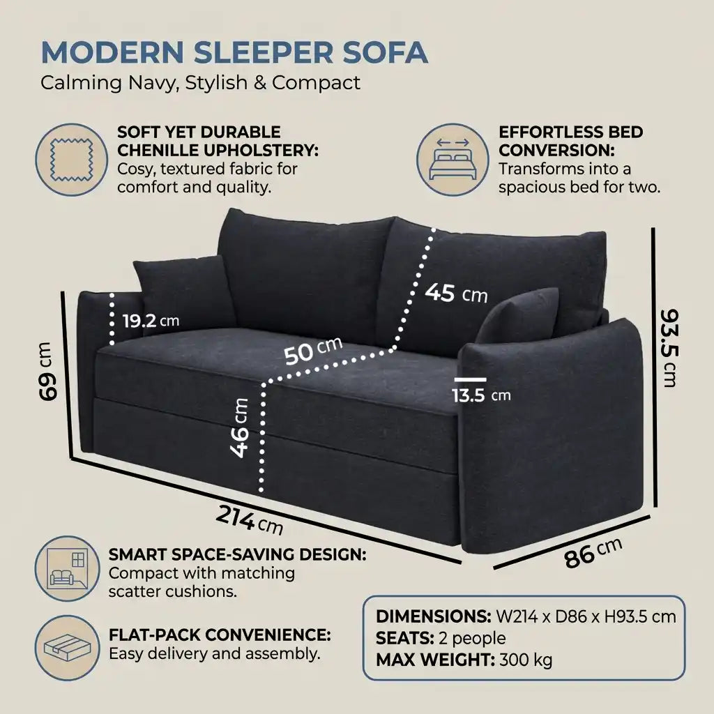 Navy Blue Chenille 3-Seater Sofa Bed with Pull-Out Design