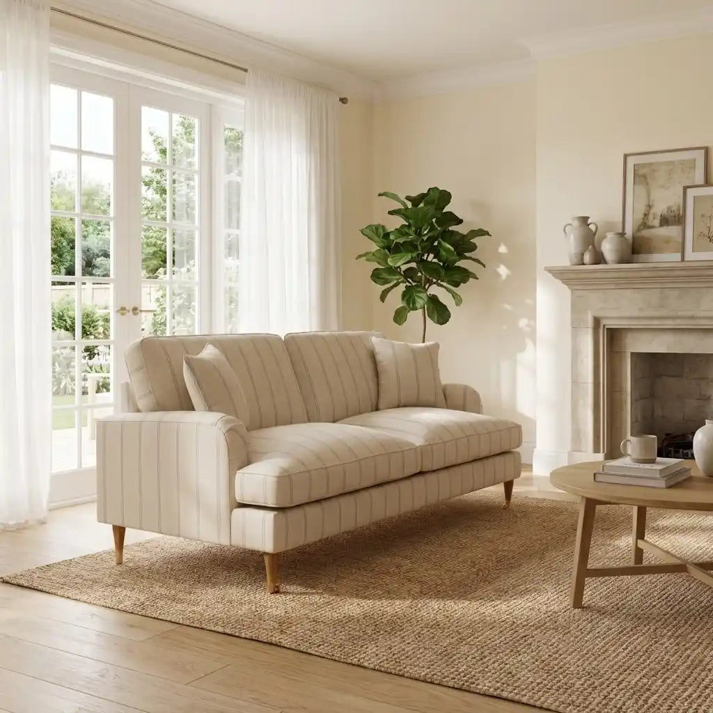 Cream Chenille 3 Seater Sofa with Blue Striped Cushions – Modern Living Room Sofa