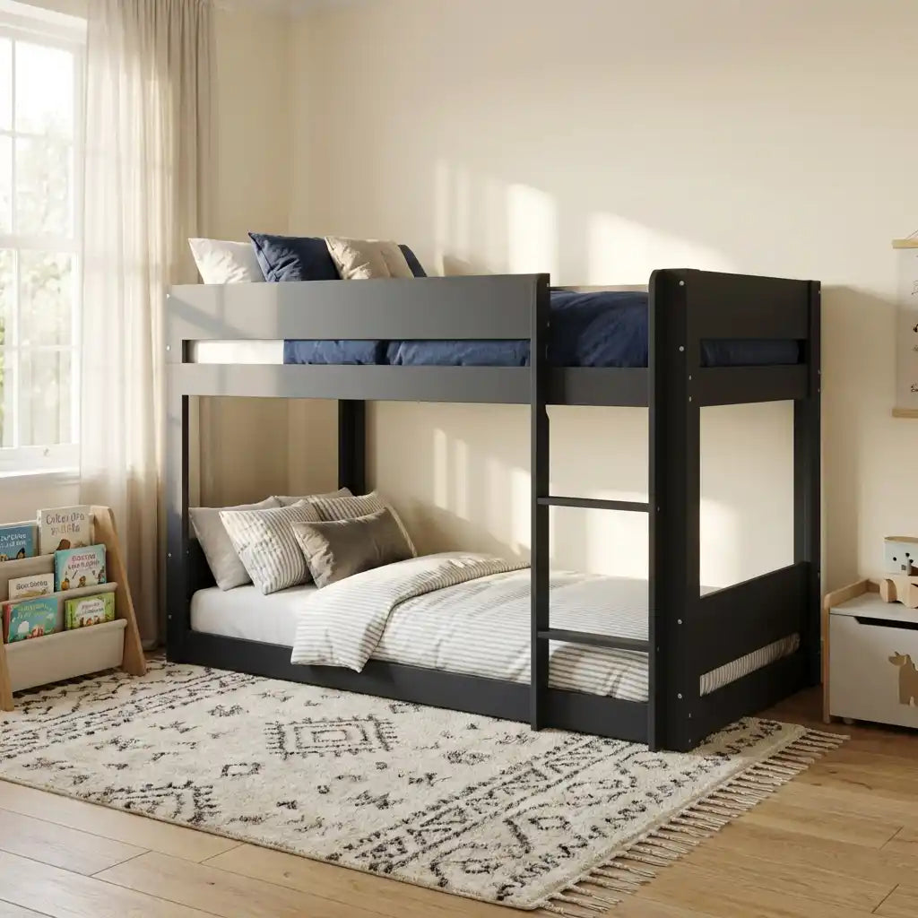Low Wooden Bunk Bed for Kids in White Oak or Dark Grey Mattress Option Available Reversible Ladder and Guard Rails Standard Single Size (Dark Grey)