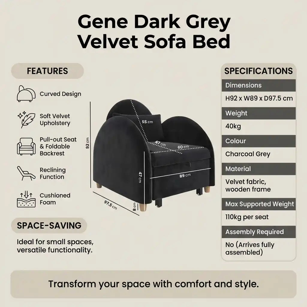 Boucle Sofa Bed Chair Single Pull Out Recliner in Beige or Charcoal Grey Compact Guest Chair with Foam Cushions No Assembly Fold Out Sleeper for Small Spaces Flats or Bedrooms