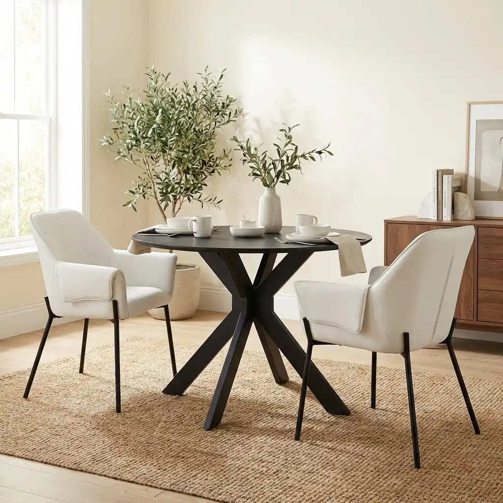 Round Black Oak Drop-Leaf Dining Table Set with 2 Cream Upholstered Chairs – Space-Saving Extendable Folding Table & Fabric Chairs for Kitchen or Dining Room