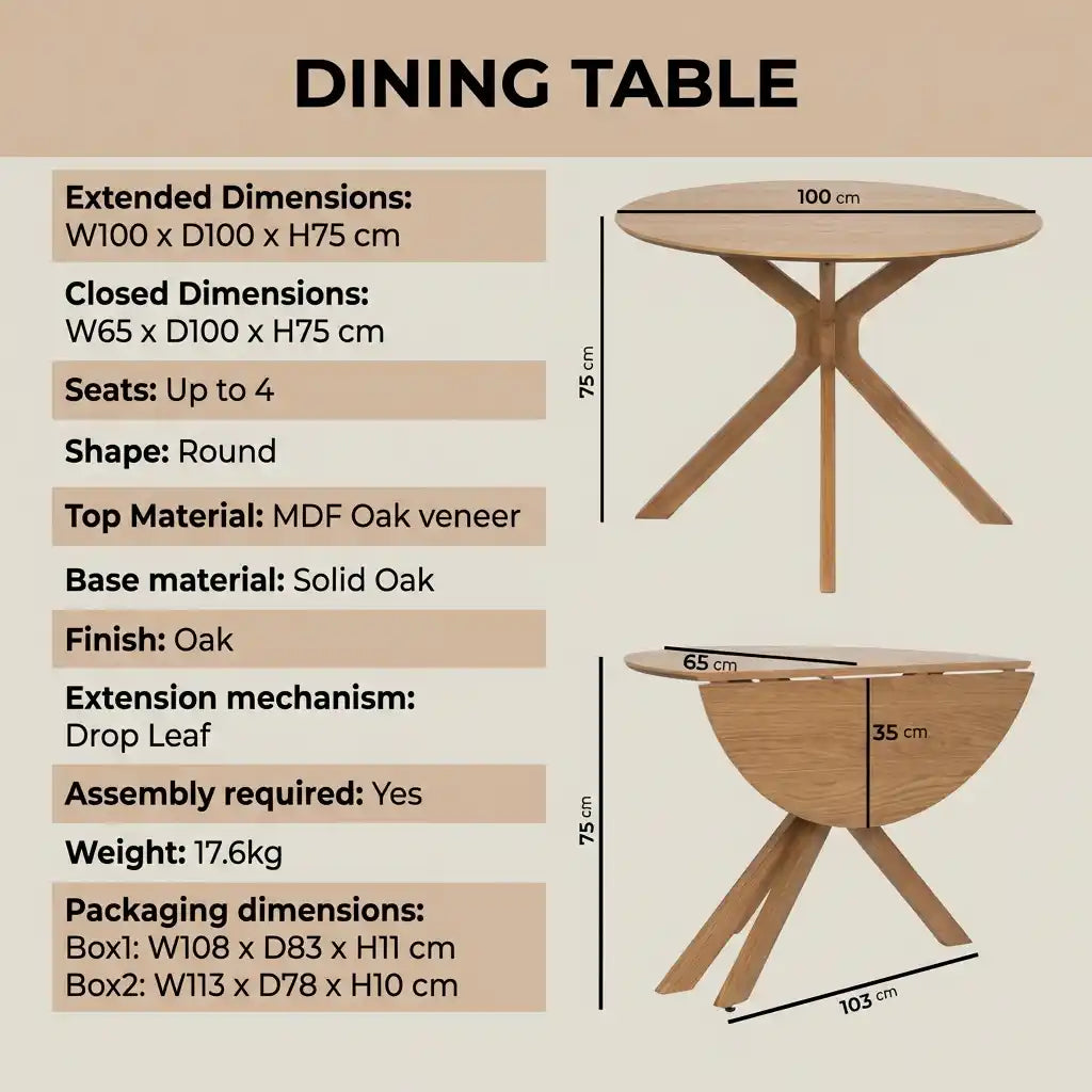 Round Oak Drop Leaf Dining Table Set with 2 Cream Upholstered Chairs – Space-Saving 2 Seater Dining Set