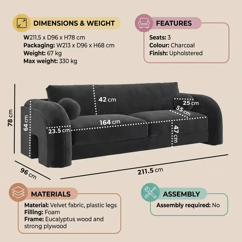 Dark Grey Velvet Curved 3 Seater Sofa –  Modern Designer Sofa for Living Room
