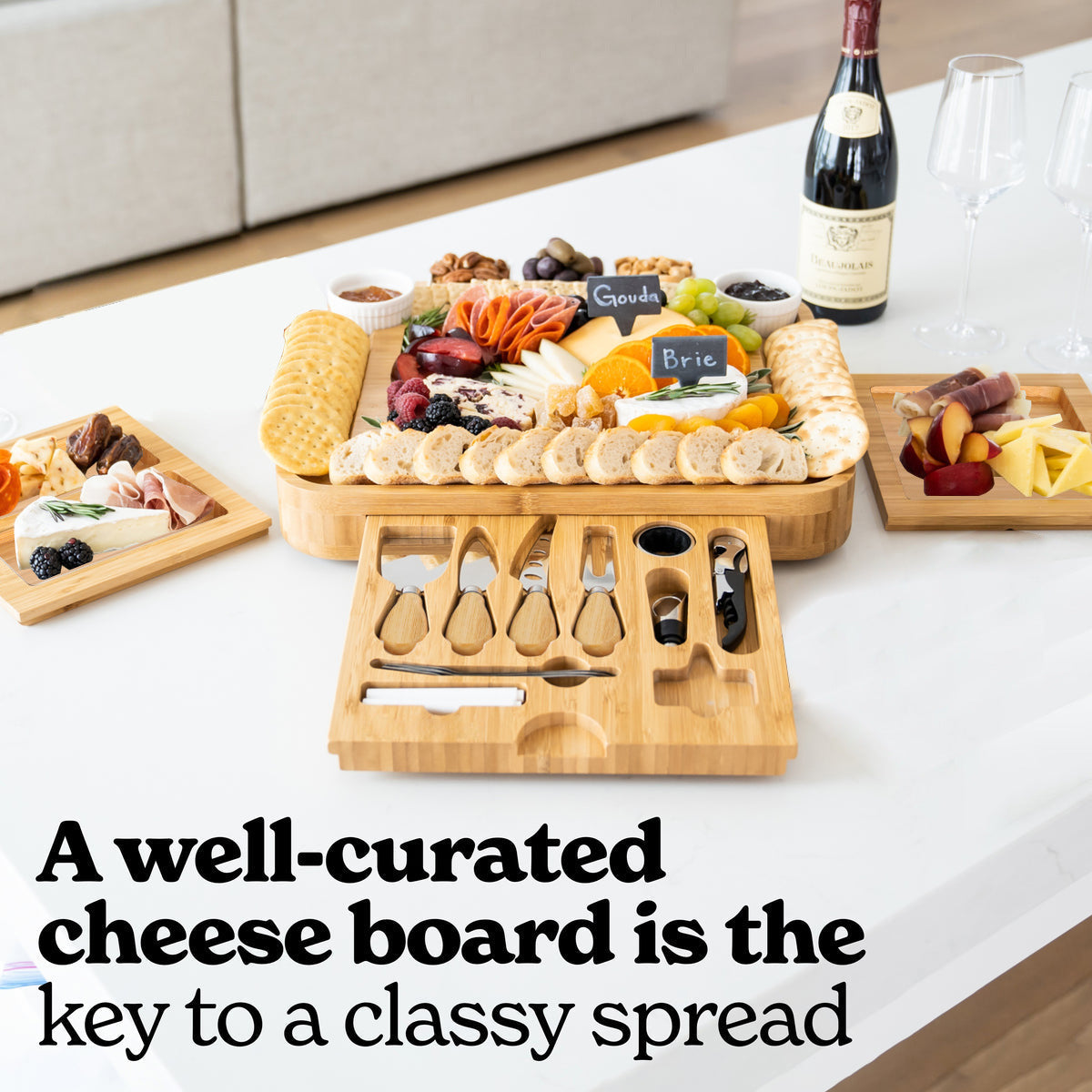 Bamboo Cheese Board Set ? 4-Drawer Charcuterie Platter with Ceramic Bowls & Utensils