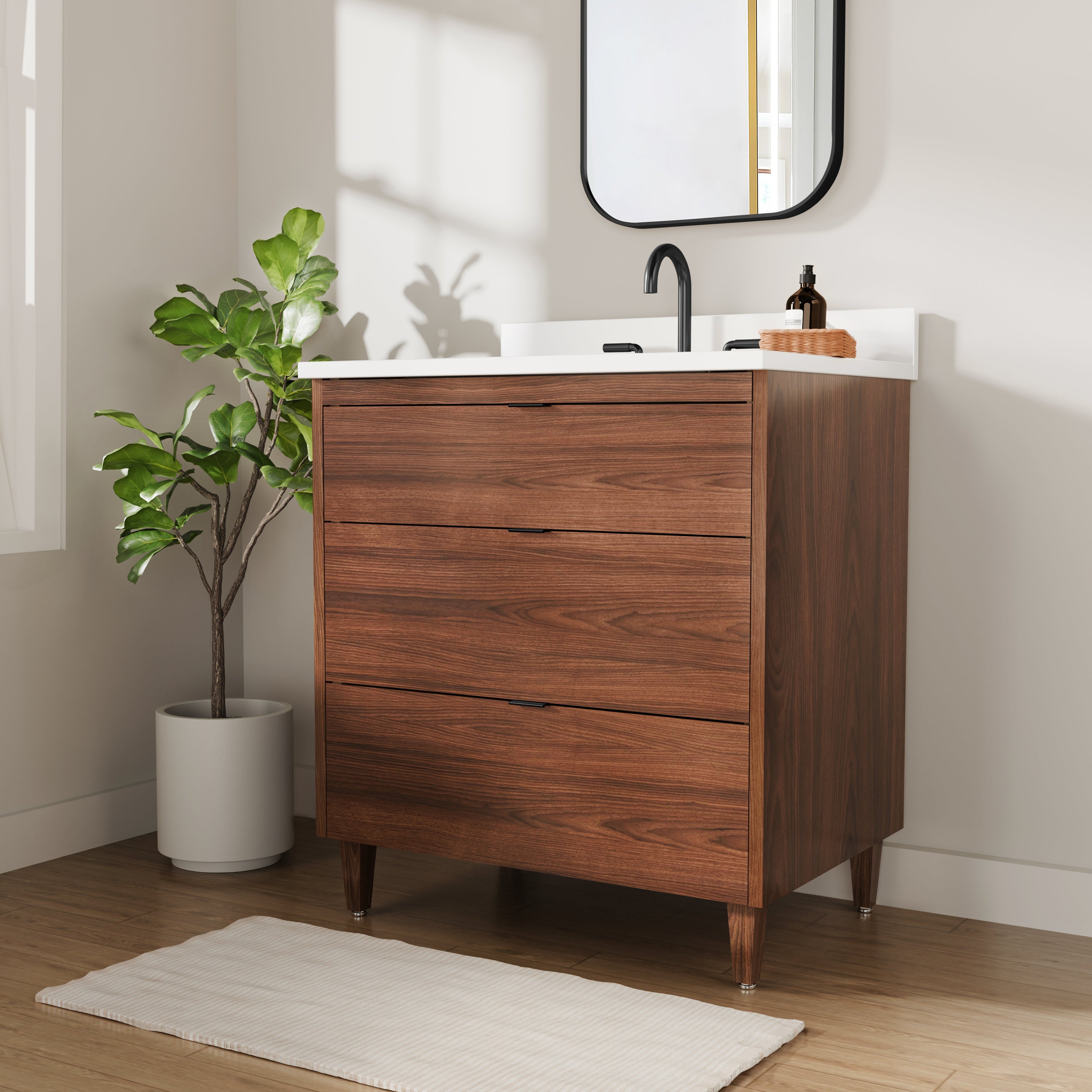 Rowan 30" Black Walnut Vanity with Quartz Countertop - 3 Drawers